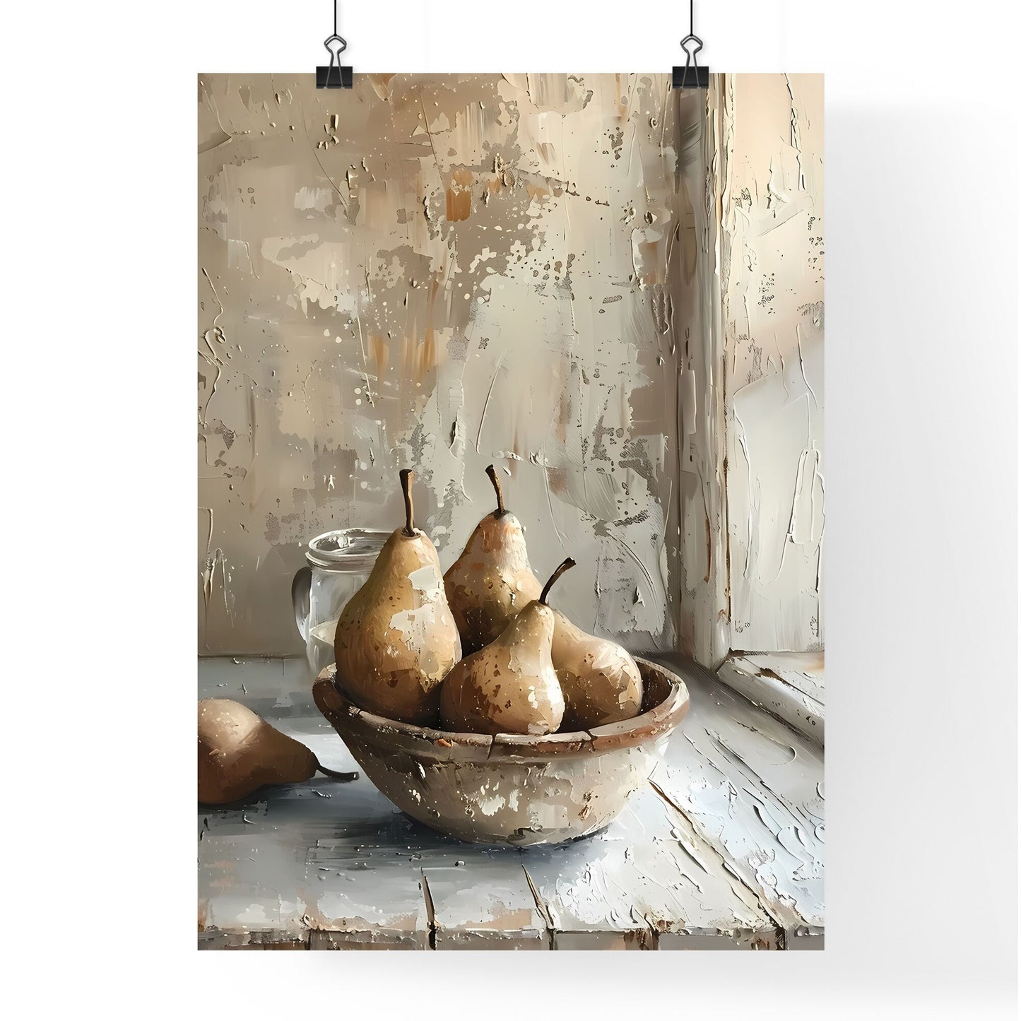 Impressionist Oil Painting, Rustic Pears in Clay Bowl, Muted Colors, Dynamic Composition, Glass of Water, White Background Default Title