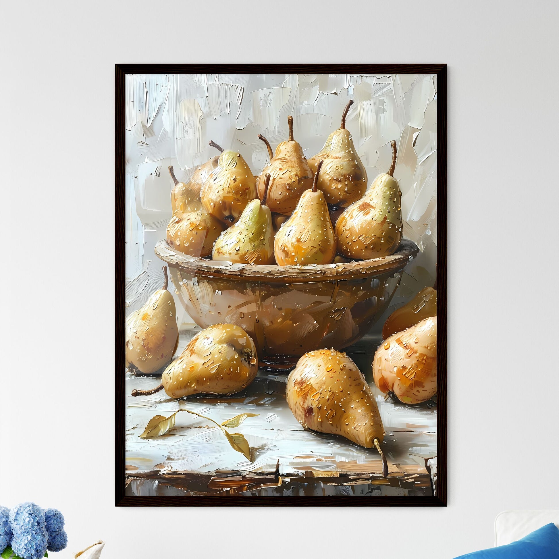 Impressionist oil painting of pears in a rustic clay bowl on a table, neutral colors, white background, dynamic composition, muted colors Default Title
