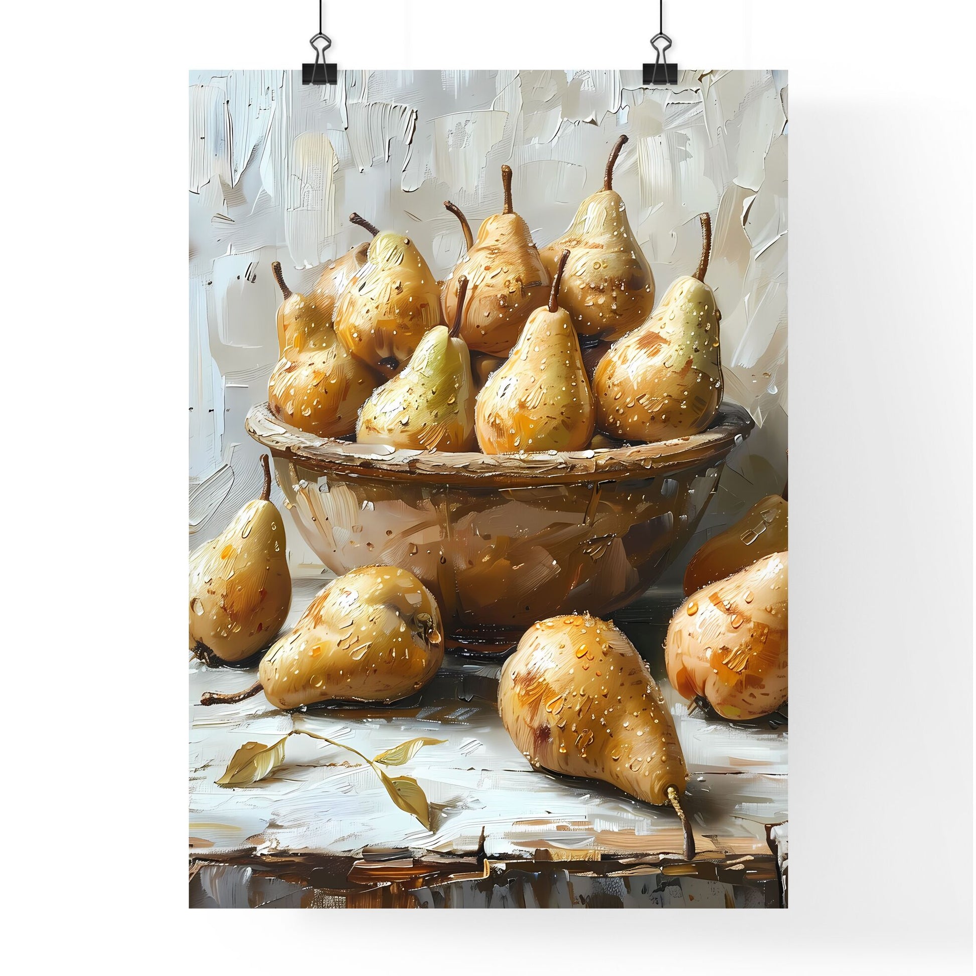 Impressionist oil painting of pears in a rustic clay bowl on a table, neutral colors, white background, dynamic composition, muted colors Default Title