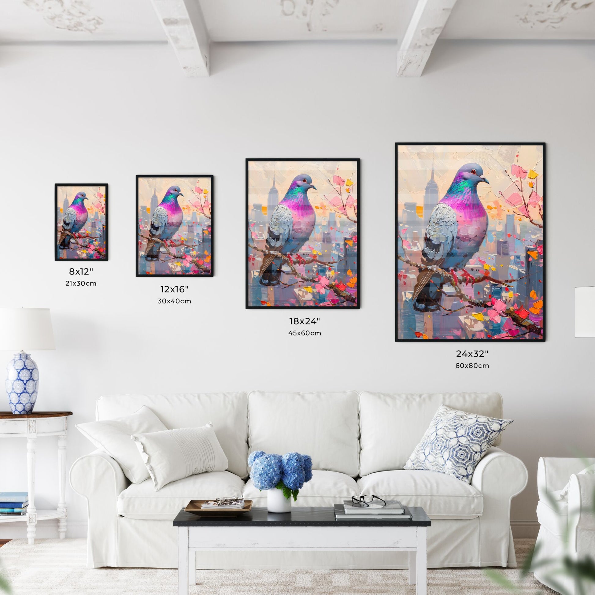 Impressionist Fine Art Painting of a Pigeon Sitting on a Branch, Vibrant Bird with Bold Colors Default Title