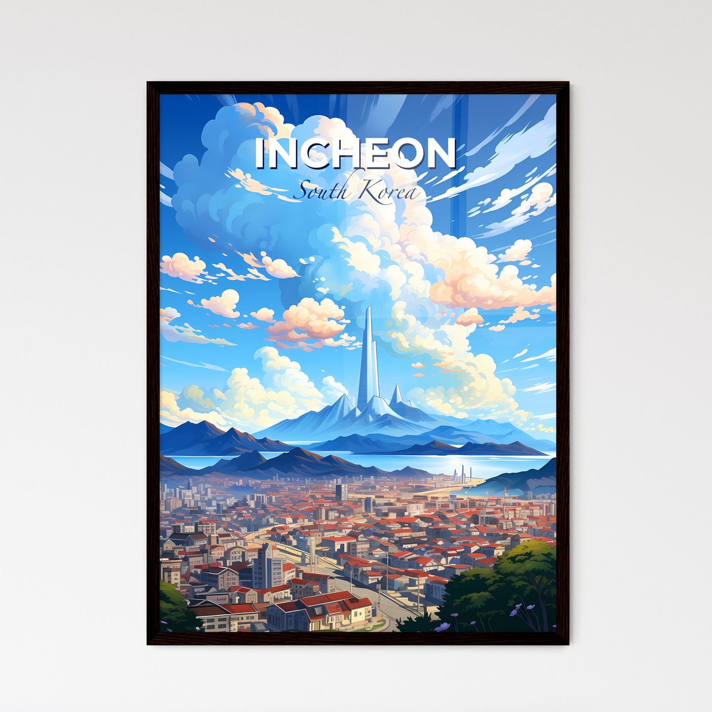 Vibrant Artistic Cityscape Painting of Incheon South Korea Skyline with Mountains and Tower Default Title