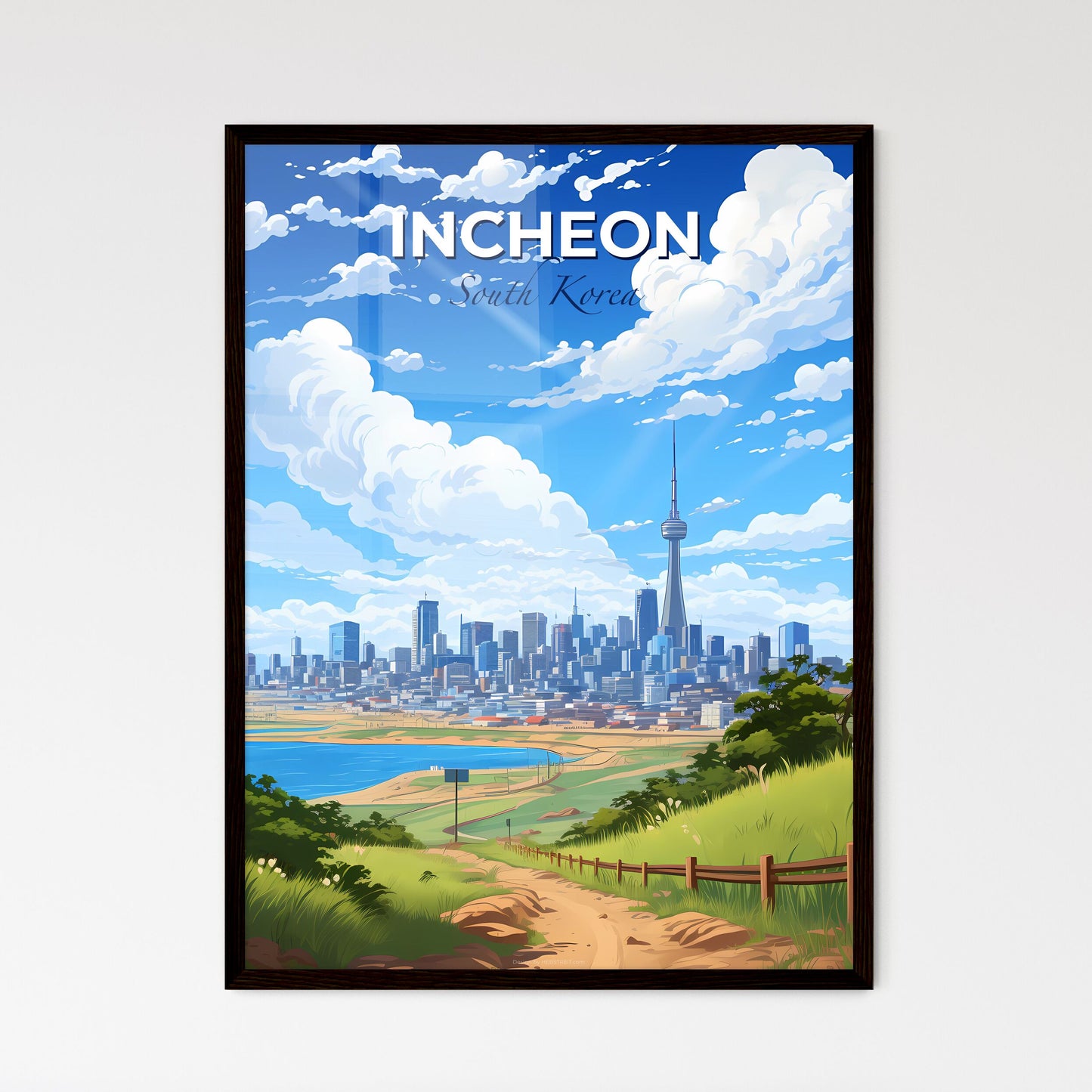 Artistic Incheon South Korean Skyline Cityscape Painting Embracing Waterway and Fence Default Title