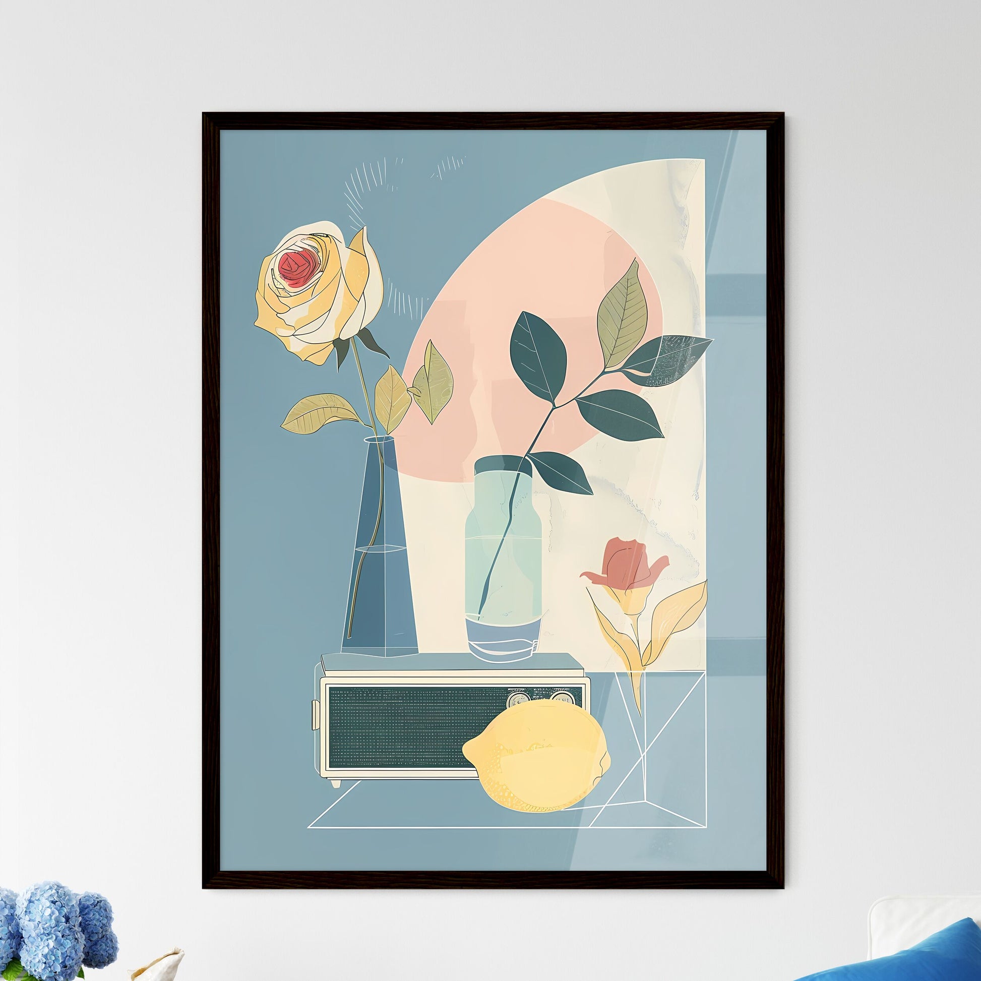 Minimal Pop Art Abstract Still Life with Lemon, Radio, Rose, and Geometric Shapes Default Title