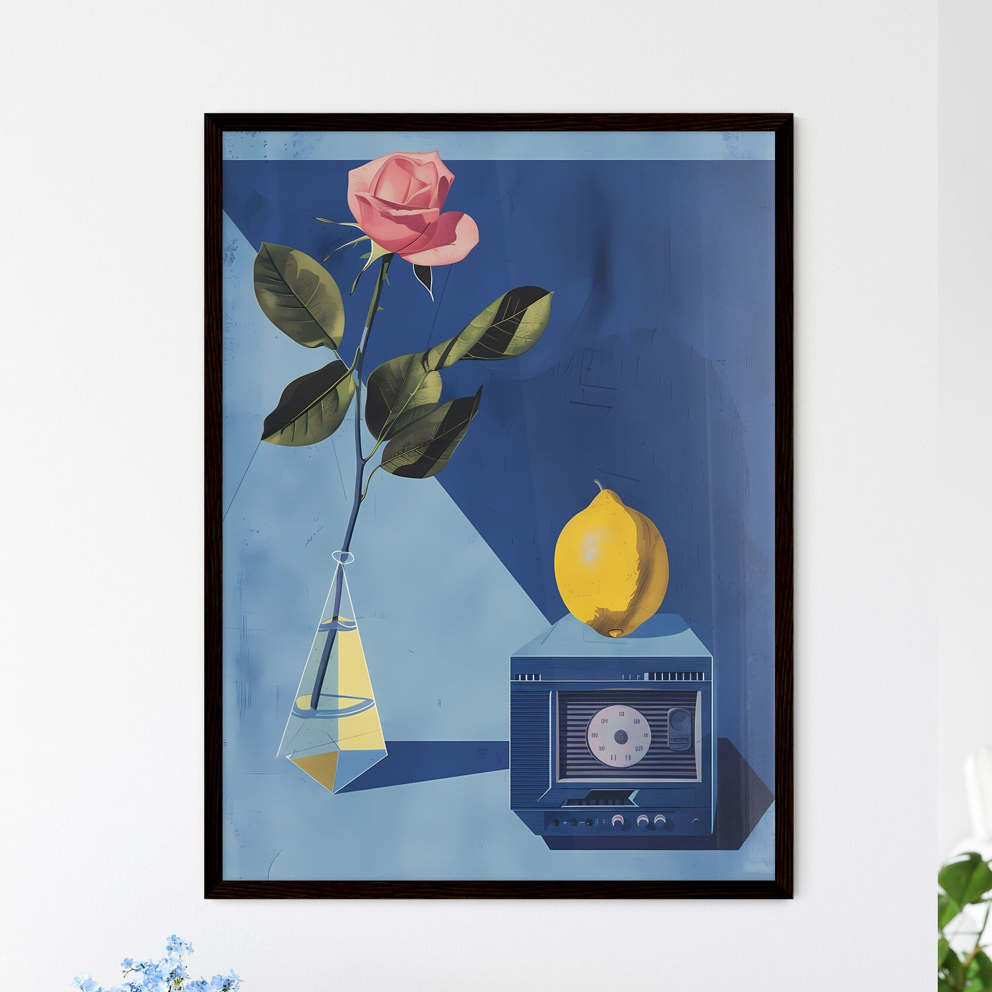 Indie risograph pop art style illustration. Vibrant painting of a lemon, rose in vase, and vintage radio on geometric shapes, blue background, defined outlines, shadowing, artistic focus. Default Title
