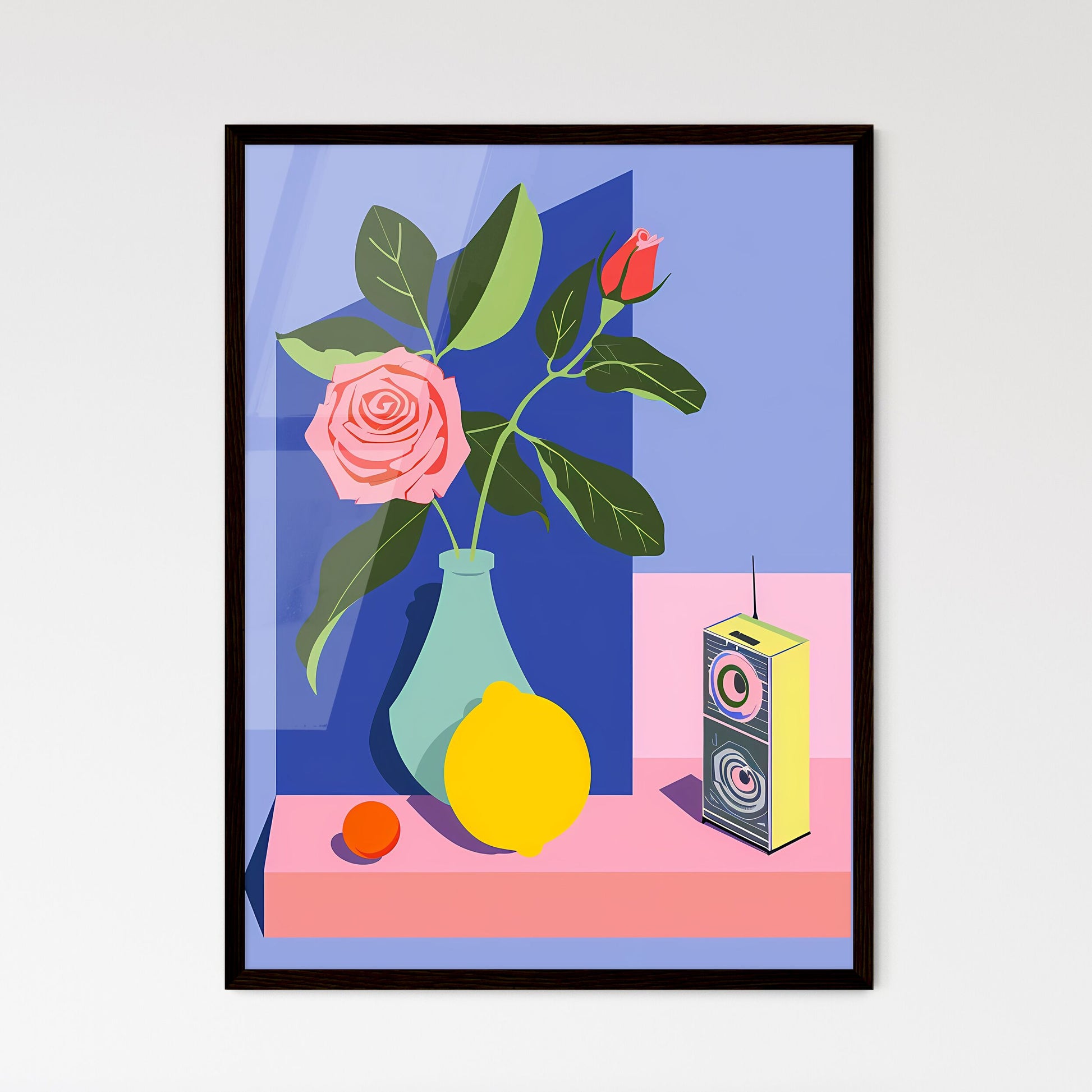 Indie risograph fine art print, lemon and rose still life, geometric shapes, blue background, pop art, minimal, defined outlines and shadowing Default Title