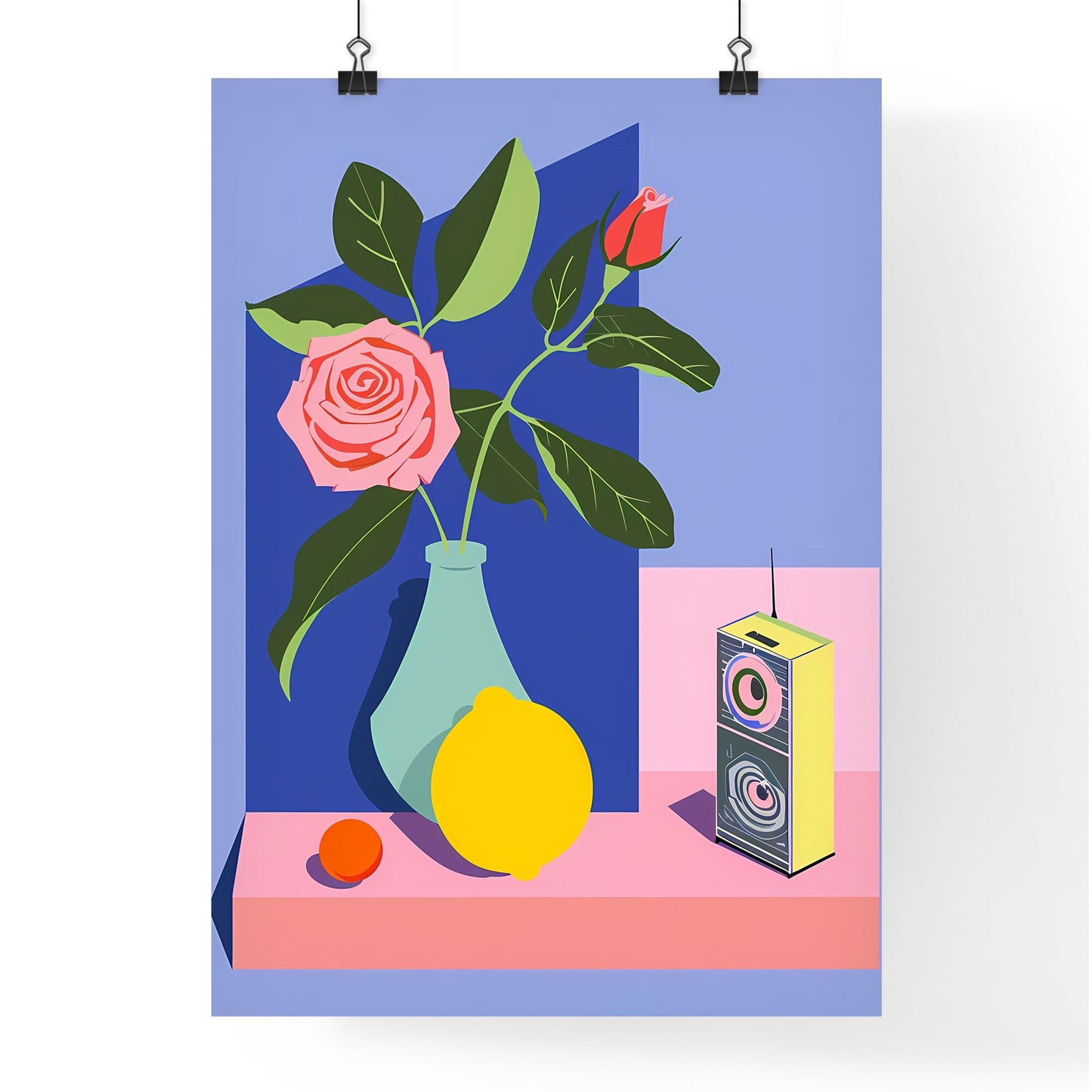 Indie risograph fine art print, lemon and rose still life, geometric shapes, blue background, pop art, minimal, defined outlines and shadowing Default Title