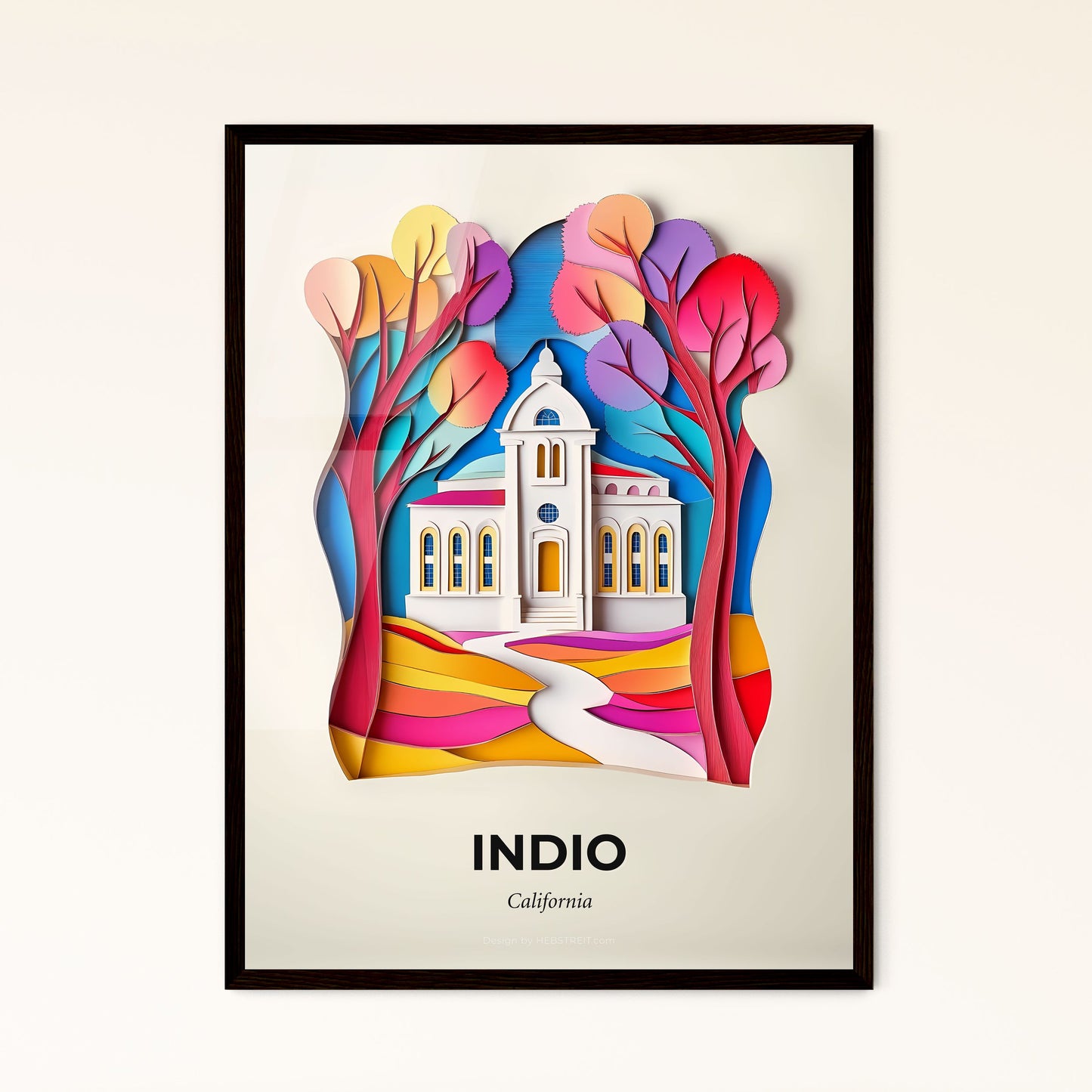 Vivid Indio, California - a paper cut of a church with trees