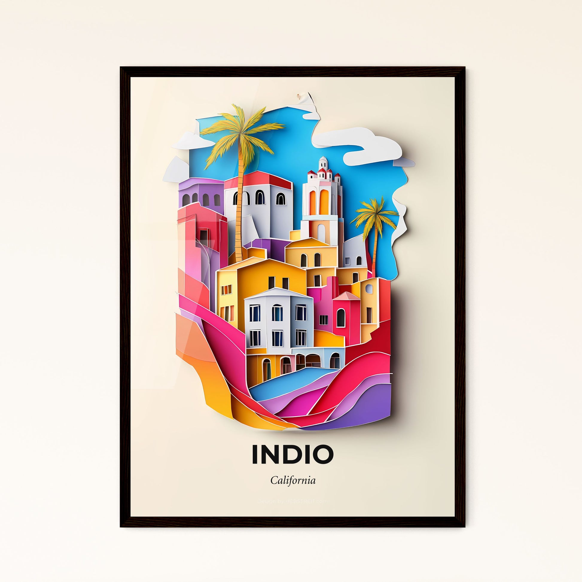 Vivid Indio, California - a paper cut of a city with a palm tree