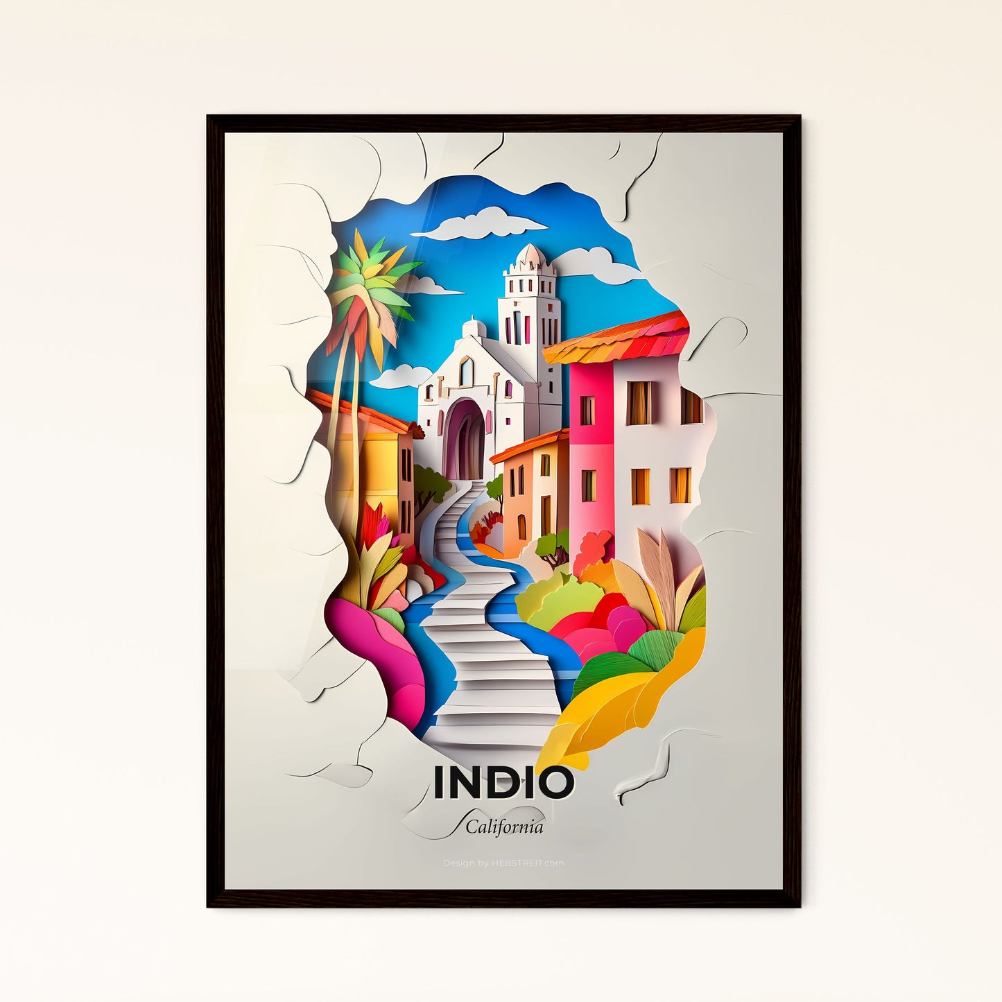 Vivid Indio, California - a paper cut of a city with a church