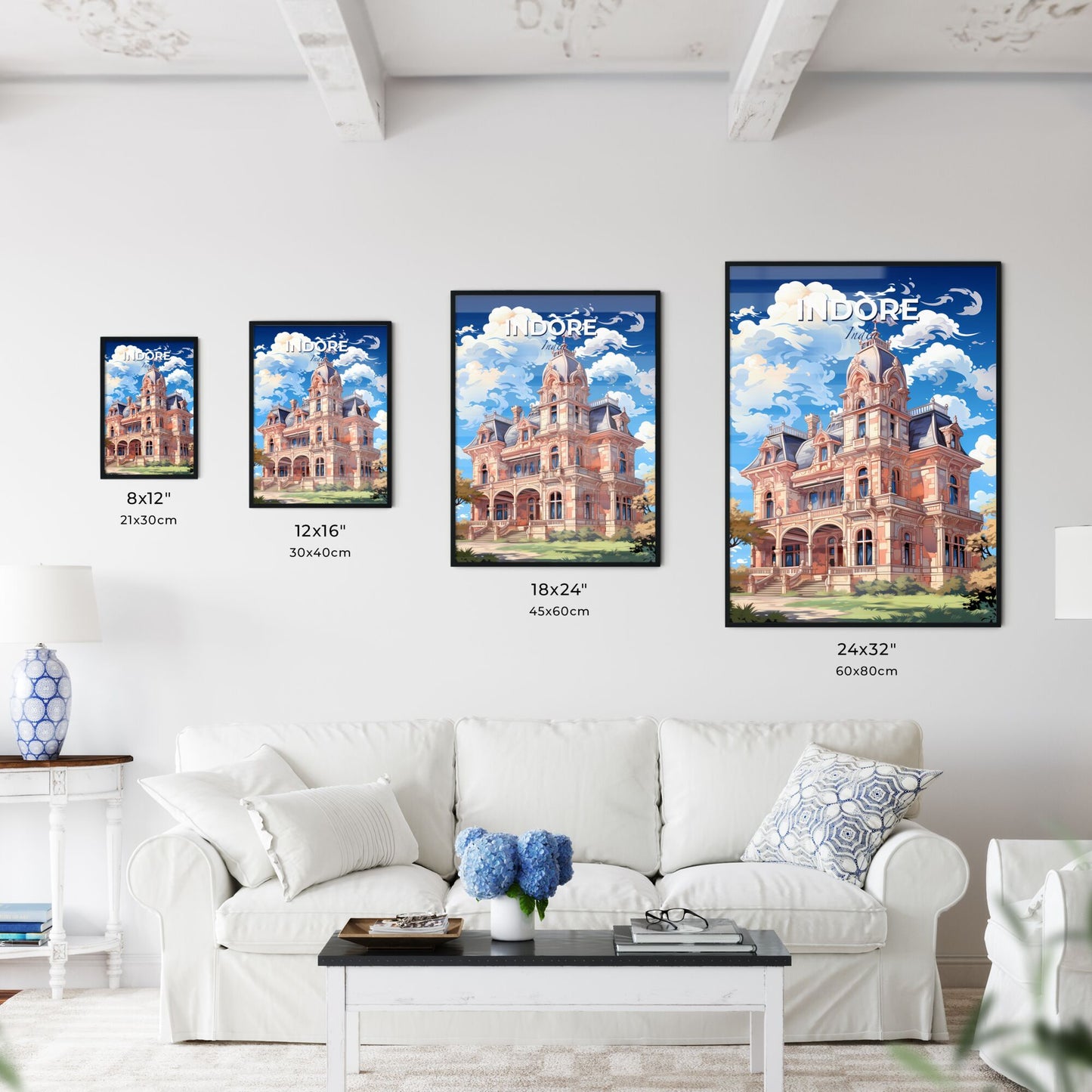 Lively Artwork Depicting the Colorful Skyline of Indore, India with a Vibrant Pink Building Under a Clear Blue Sky and White Clouds Default Title