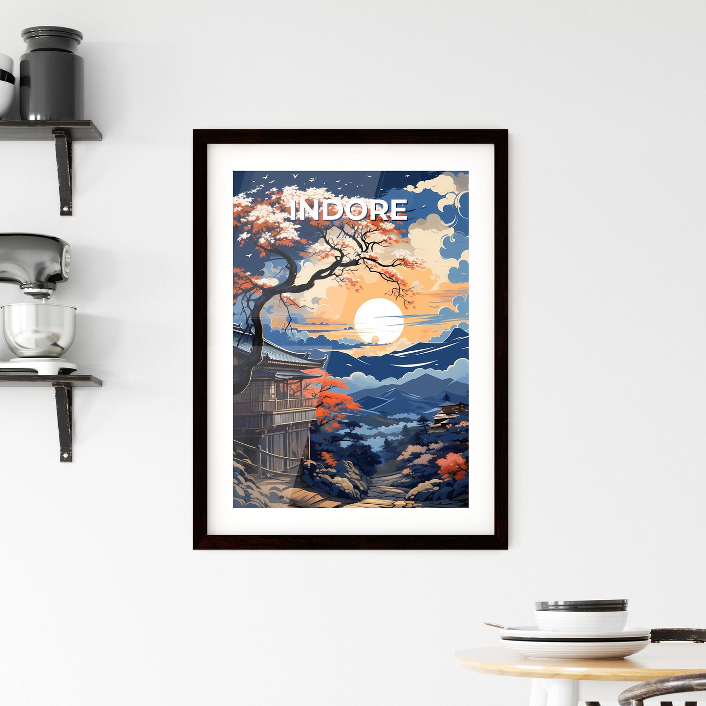 Vibrant Painting of Indore India Skyline Featuring Building and Tree in Front of Mountains Default Title