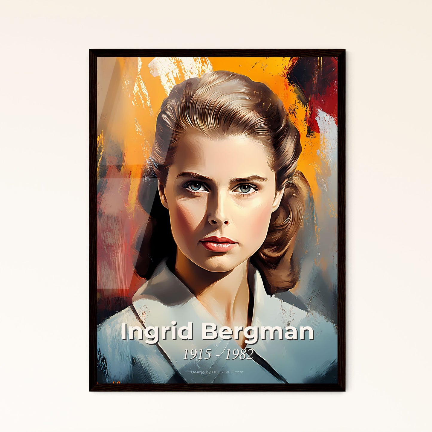 Portrait of Ingrid Bergman, 1915 - 1982. Impressionistic painting of a woman with a painted background.