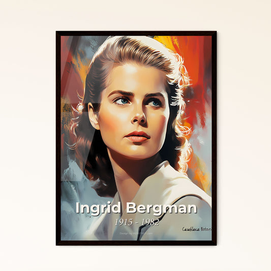 Portrait of Ingrid Bergman, 1915 - 1982. Impressionistic painting of a woman looking to the side.