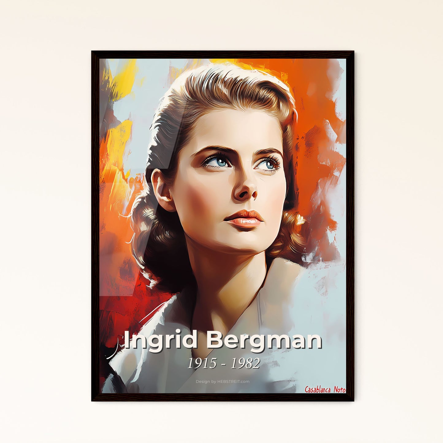 Portrait of Ingrid Bergman, 1915 - 1982. Impressionistic painting of a woman looking up to the side.