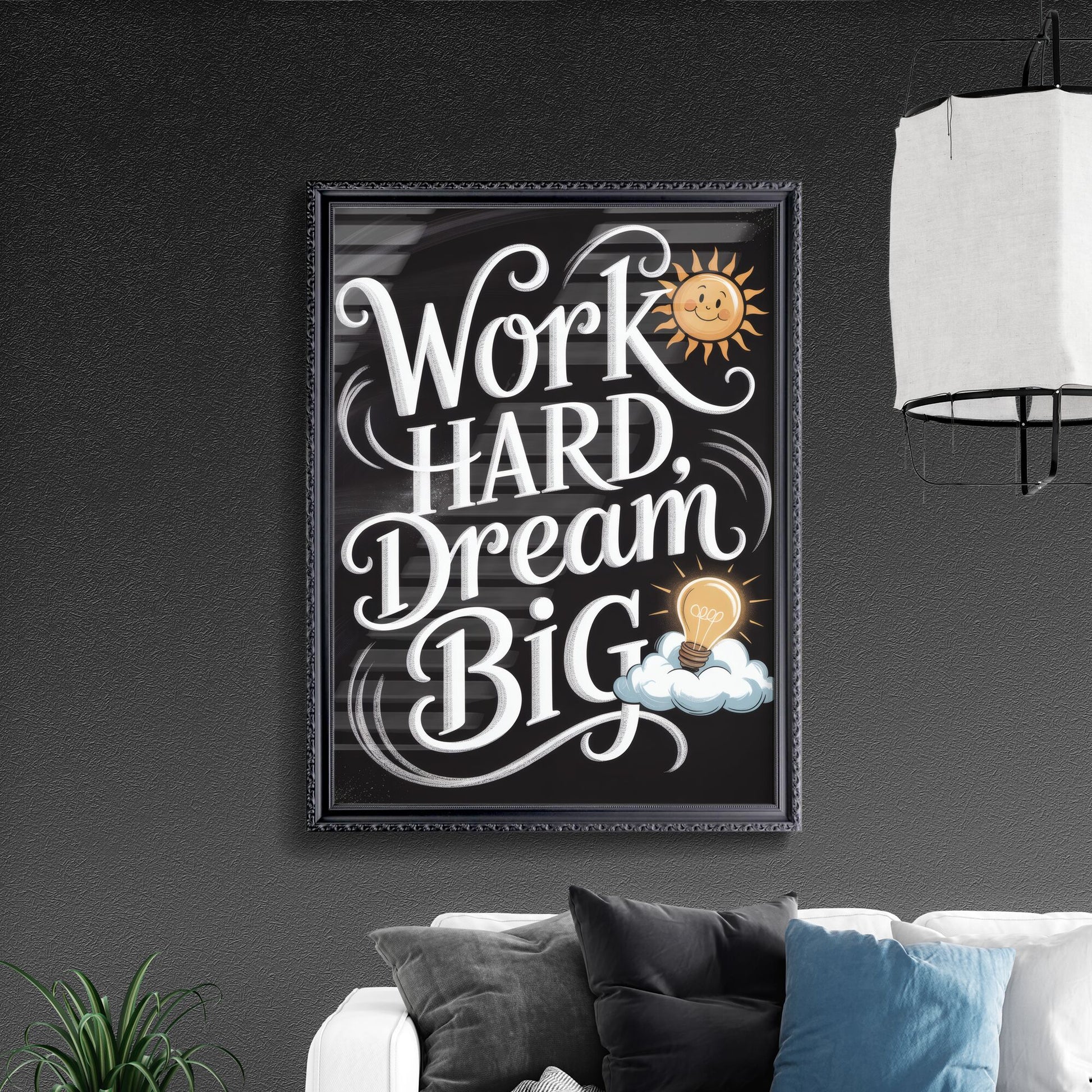 Inspirational Chalkboard Quote: Work Hard, Dream Big with Sun and Light Bulb Elements