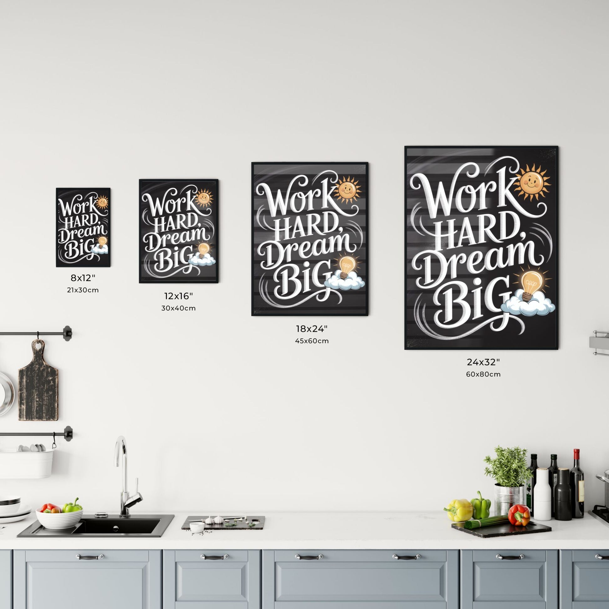 Inspirational Chalkboard Quote: Work Hard, Dream Big with Sun and Light Bulb Elements Chart