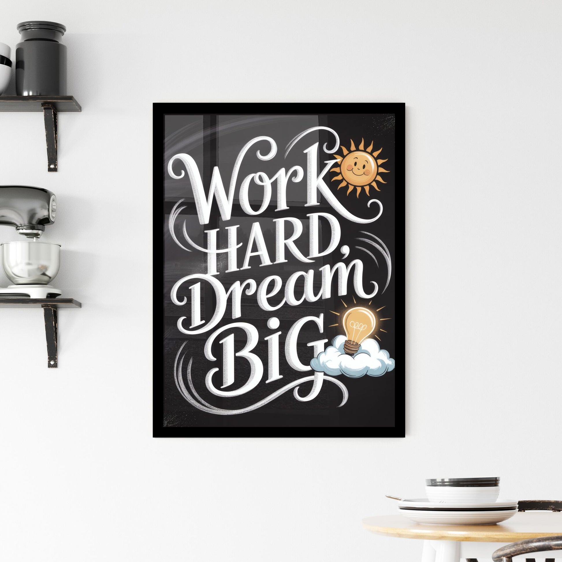 Inspirational Chalkboard Quote: Work Hard, Dream Big with Sun and Light Bulb Elements Framed Print