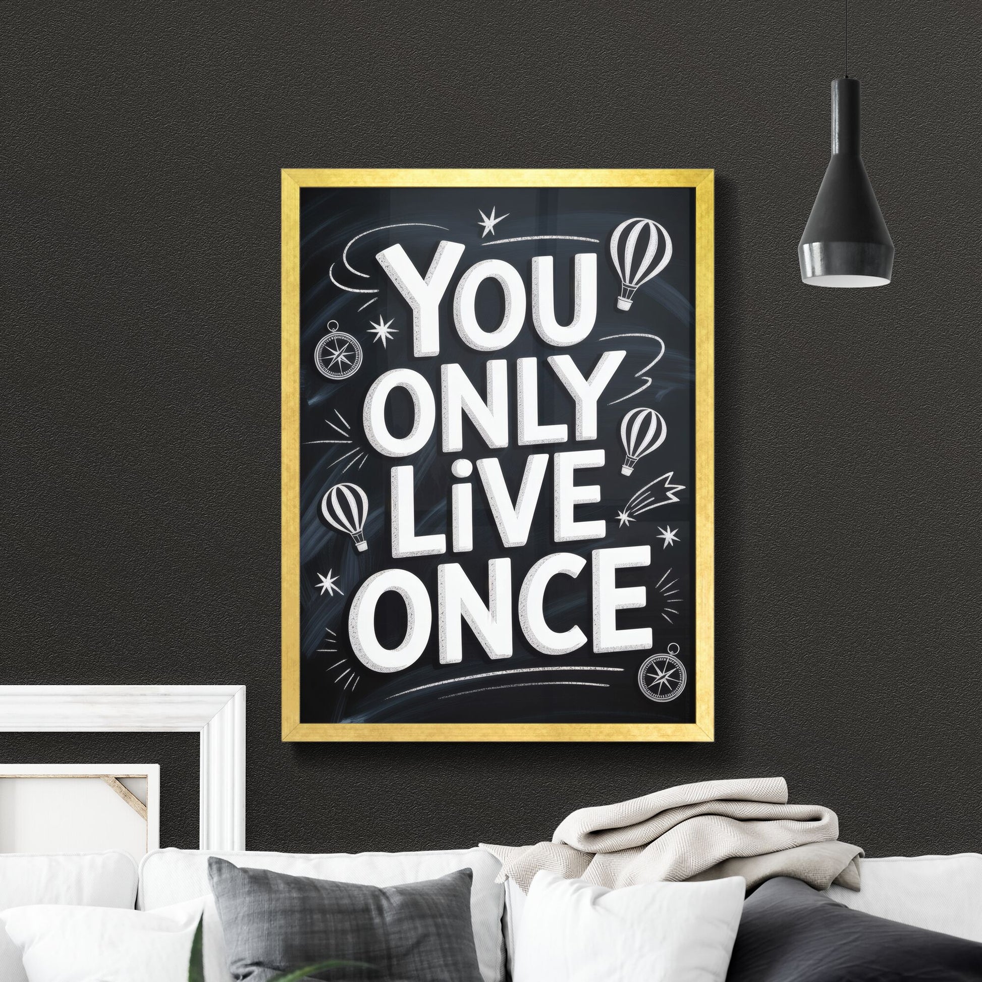 Inspirational Chalkboard Design: 'You Only Live Once' with Hot Air Balloons and Stars