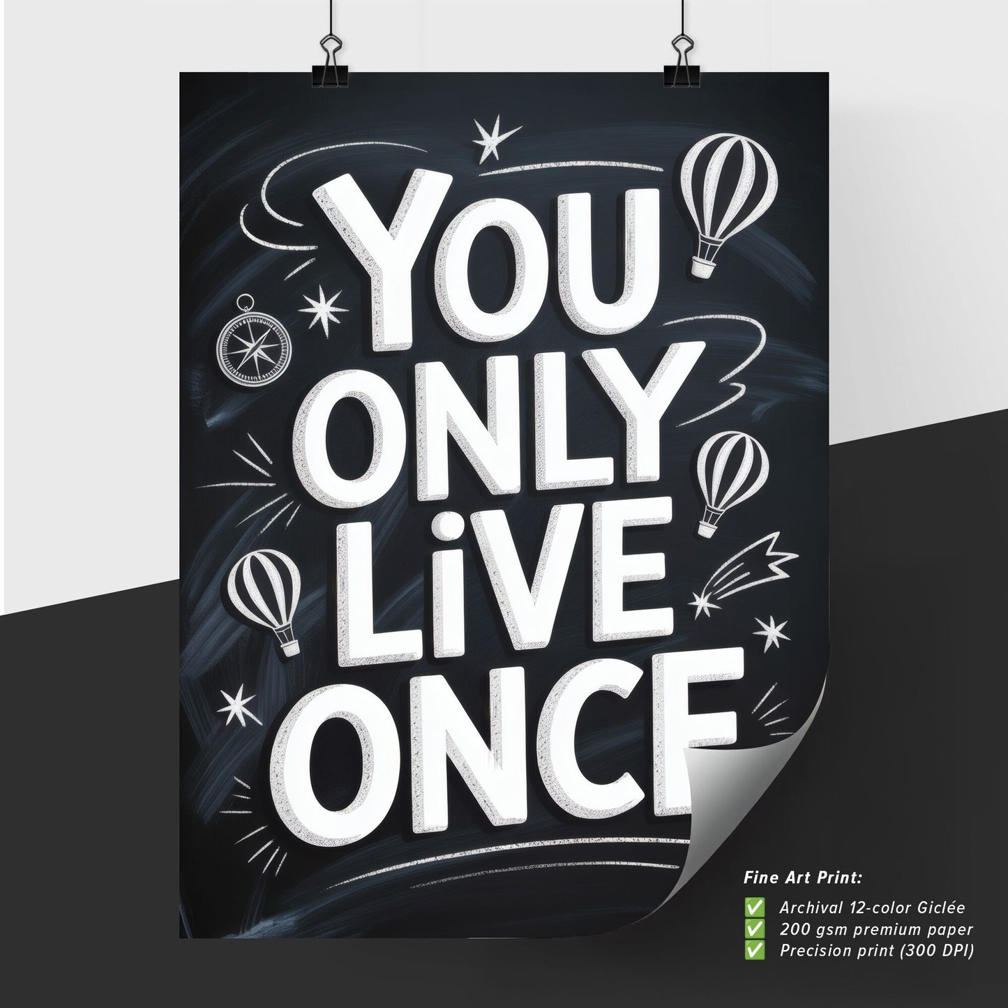 Inspirational Chalkboard Design: 'You Only Live Once' with Hot Air Balloons and Stars