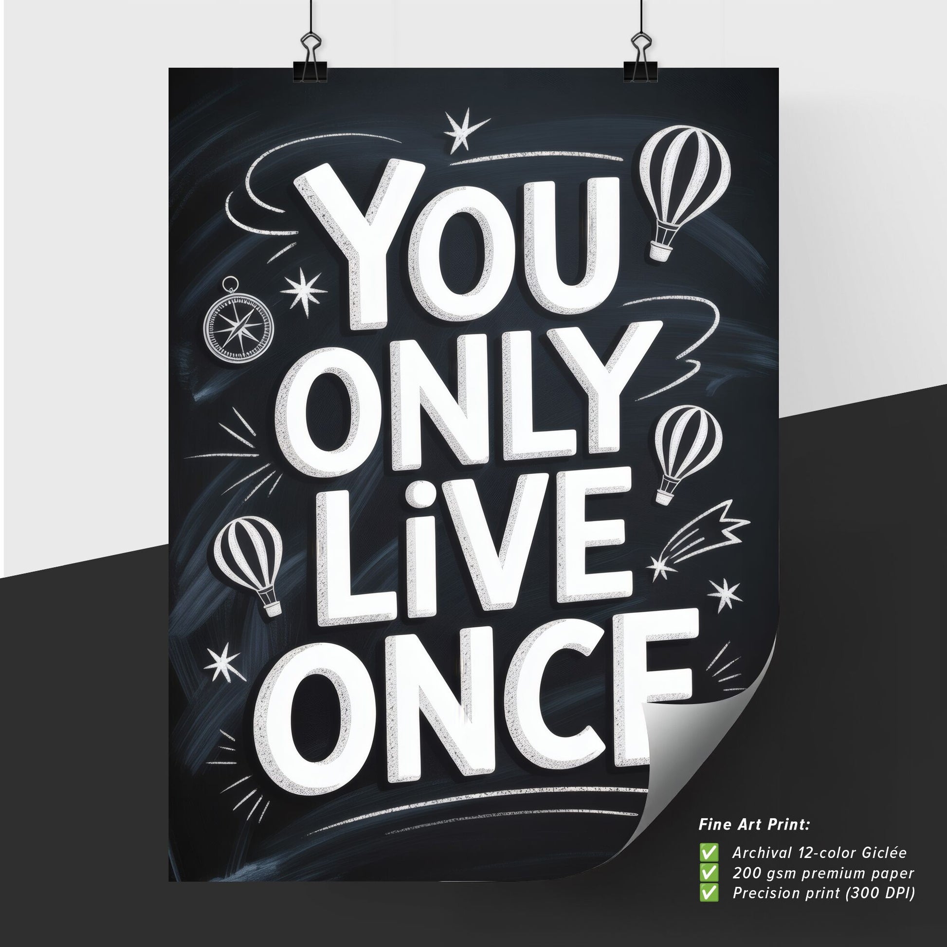 Inspirational Chalkboard Design: 'You Only Live Once' with Hot Air Balloons and Stars