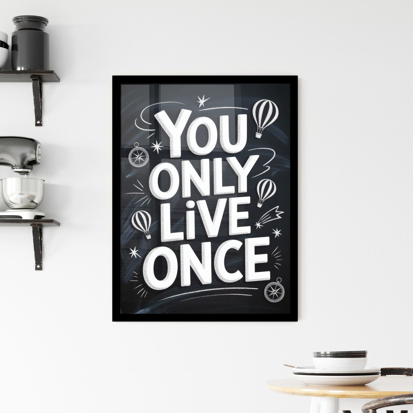 Inspirational Chalkboard Design: 'You Only Live Once' with Hot Air Balloons and Stars Framed Print
