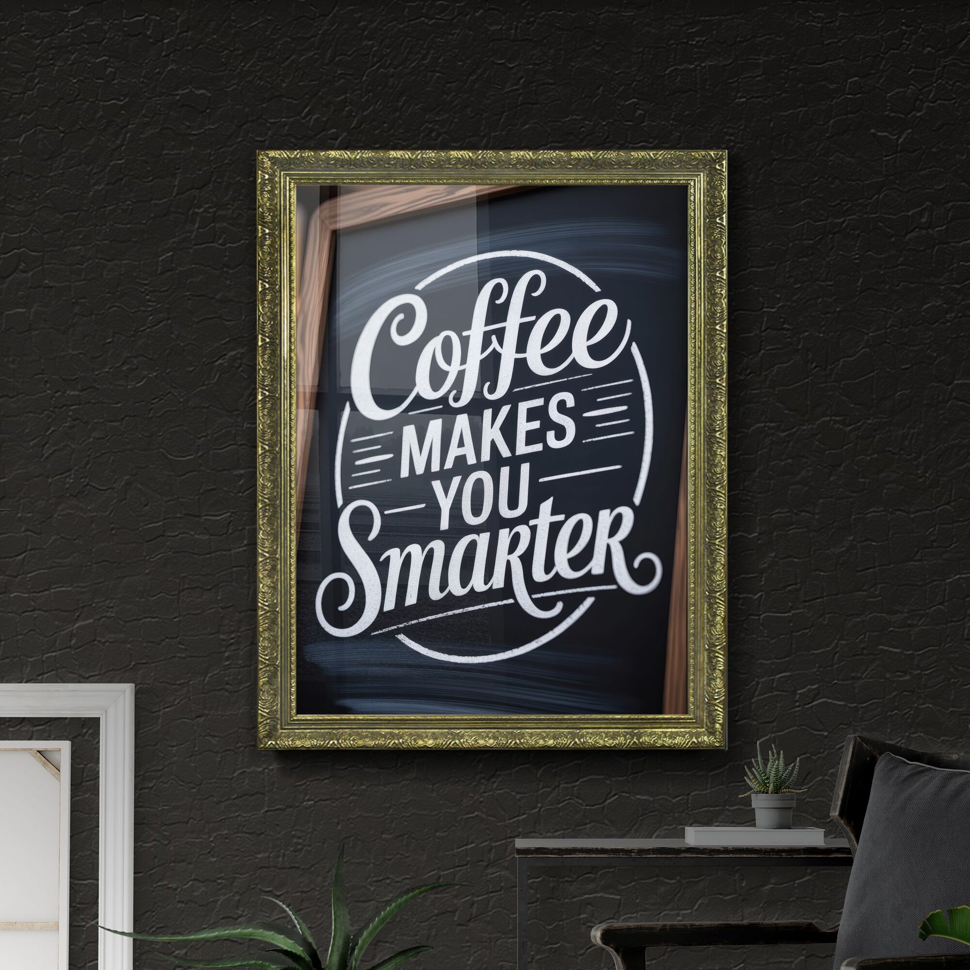Inspirational Coffee Quote on Chalkboard Sign in Cozy Coffee Shop Environment