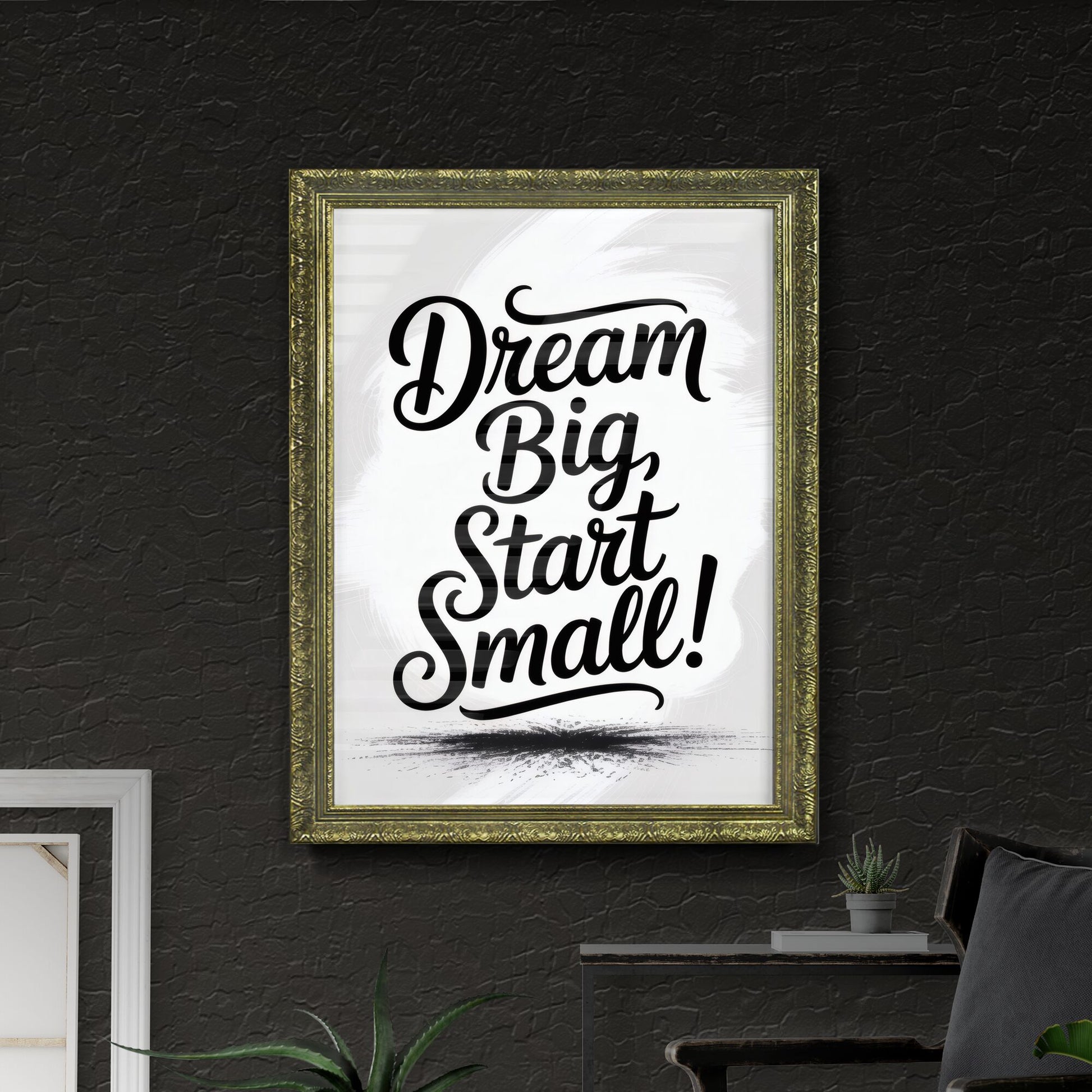 Inspirational Home Decor: 'Dream Big, Start Small' Motivational Typography on Artistic Background