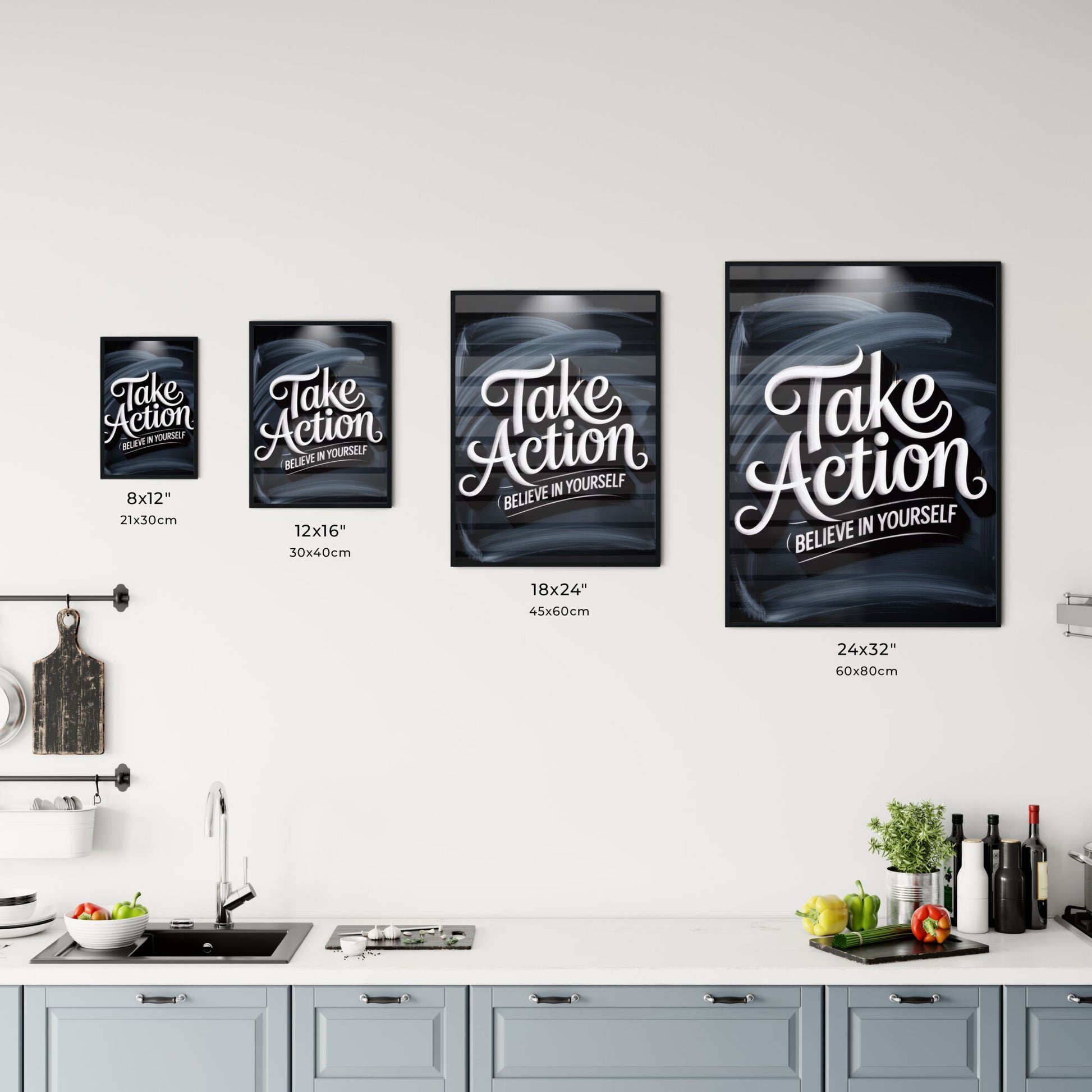 Inspirational Motivational Poster: Take Action and Believe in Yourself with Artistic Typography on Dark Background. Chart