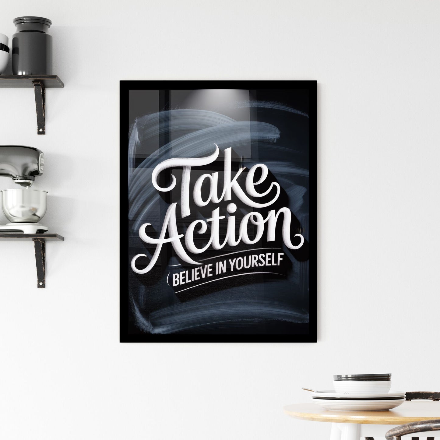 Inspirational Motivational Poster: Take Action and Believe in Yourself with Artistic Typography on Dark Background. Framed Print
