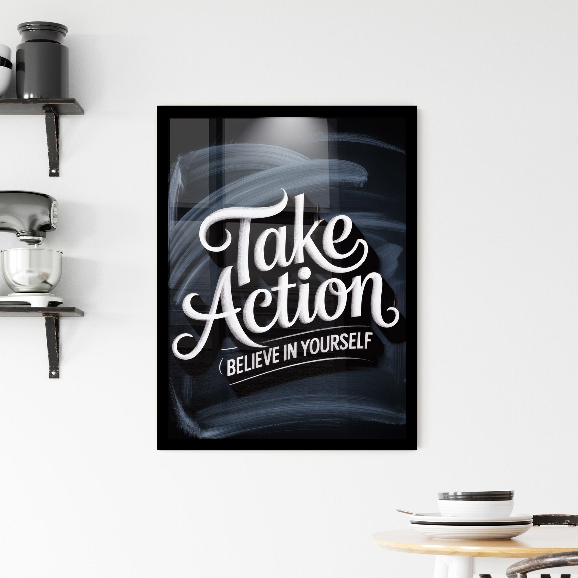 Inspirational Motivational Poster: Take Action and Believe in Yourself with Artistic Typography on Dark Background. Framed Print