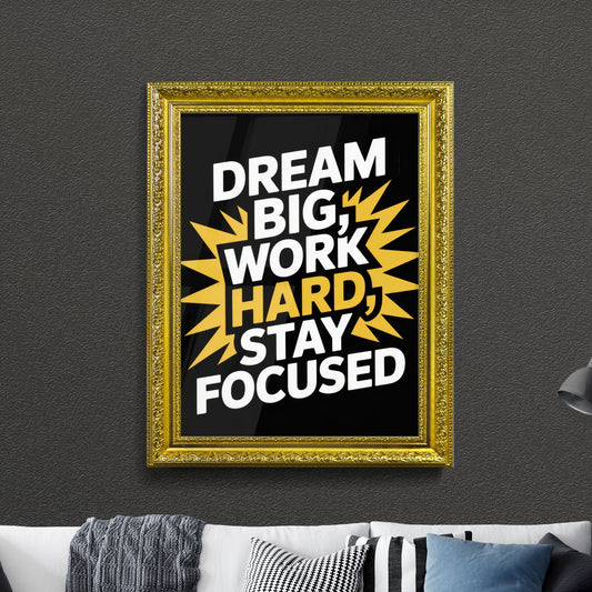 Inspirational Quote: Dream Big, Work Hard, Stay Focused - Motivational Wall Art for Home or Office Decor.