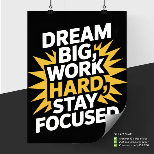 Inspirational Quote: Dream Big, Work Hard, Stay Focused - Motivational Wall Art for Home or Office Decor.