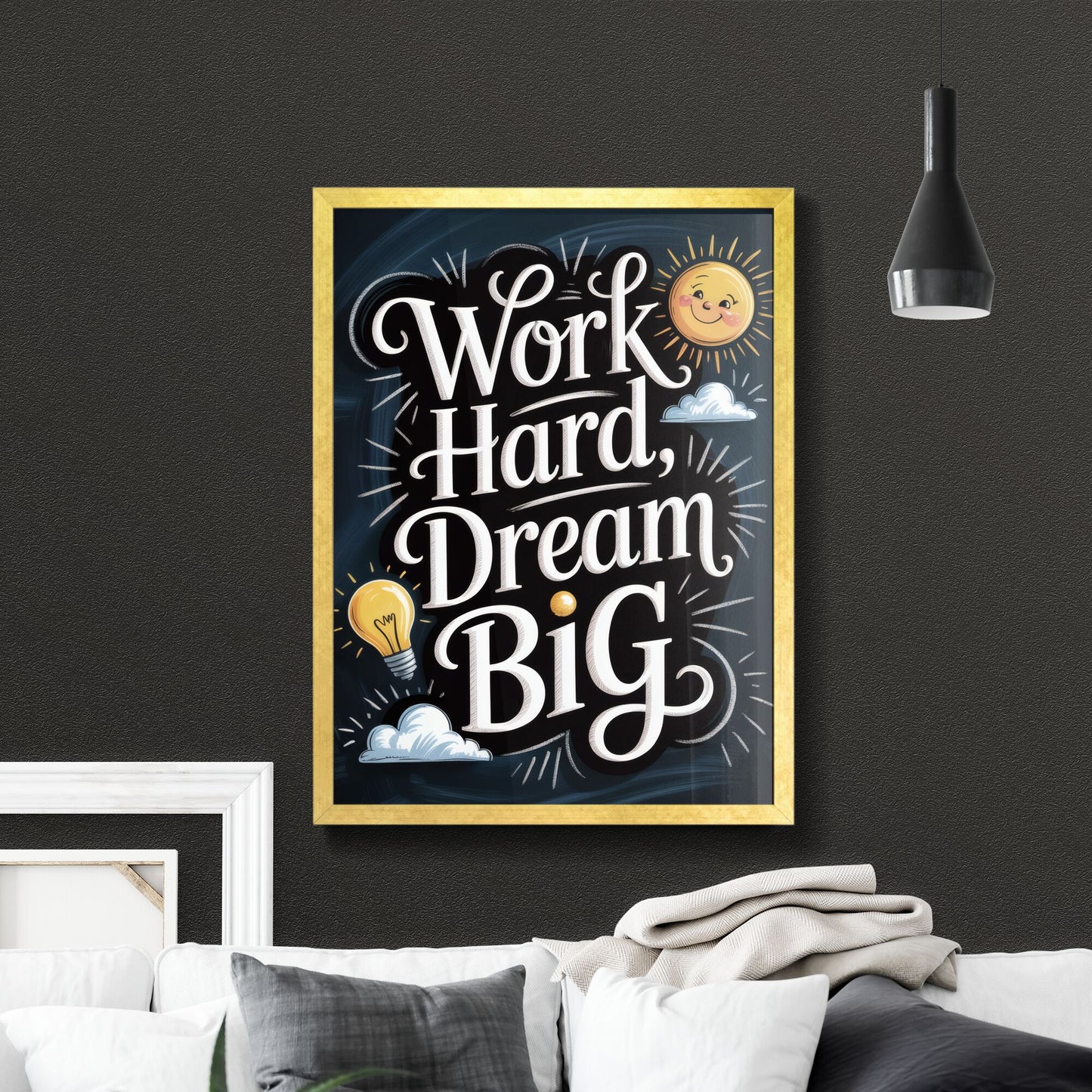 Inspirational Motivational Typography: Work Hard, Dream Big with Cheerful Sun and Lightbulb Elements