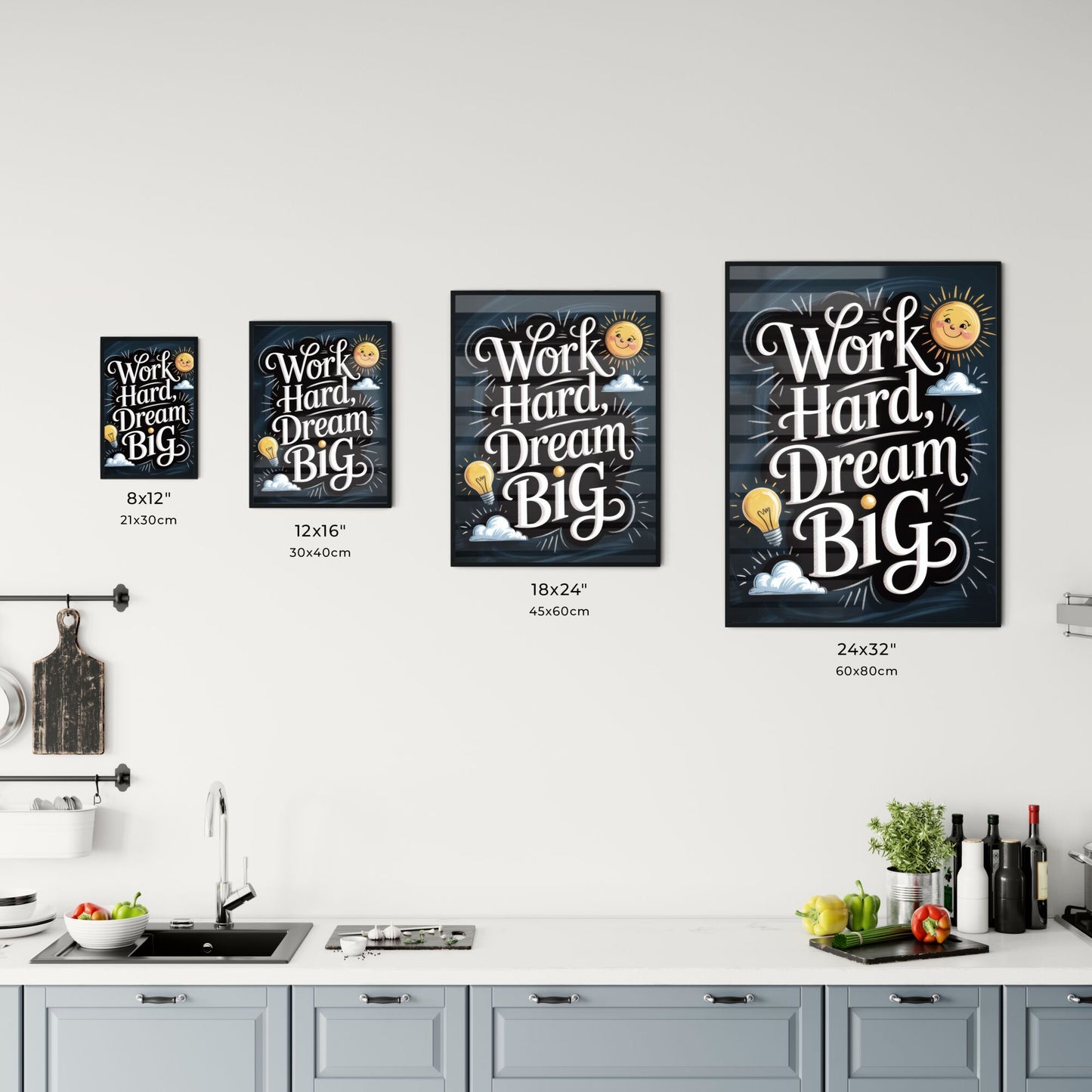 Inspirational Motivational Typography: Work Hard, Dream Big with Cheerful Sun and Lightbulb Elements Chart