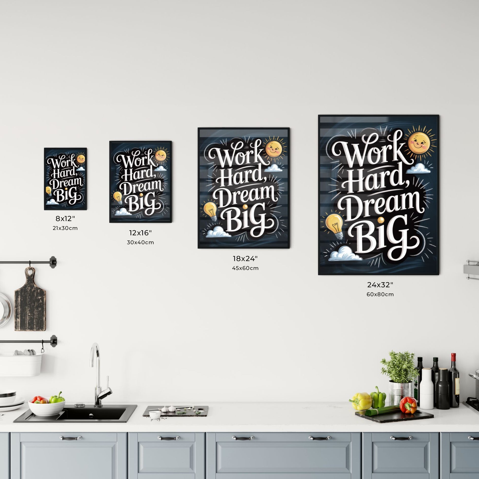 Inspirational Motivational Typography: Work Hard, Dream Big with Cheerful Sun and Lightbulb Elements Chart