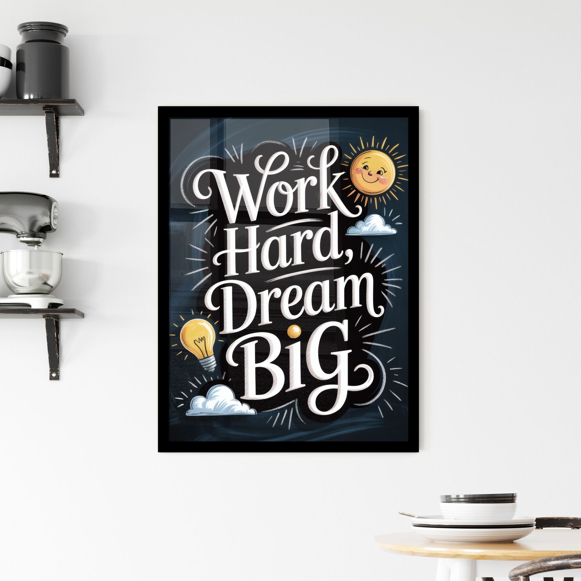 Inspirational Motivational Typography: Work Hard, Dream Big with Cheerful Sun and Lightbulb Elements Framed Print