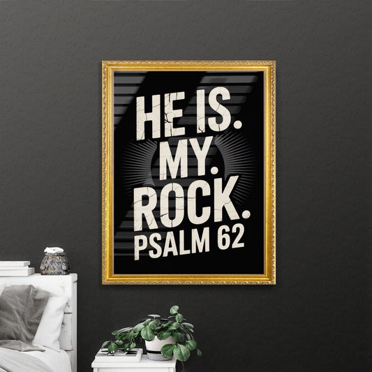Inspirational Typography Artwork Featuring Psalm 62: 'He Is My Rock' on Black Background