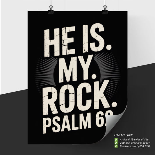 Inspirational Typography Artwork Featuring Psalm 62: 'He Is My Rock' on Black Background