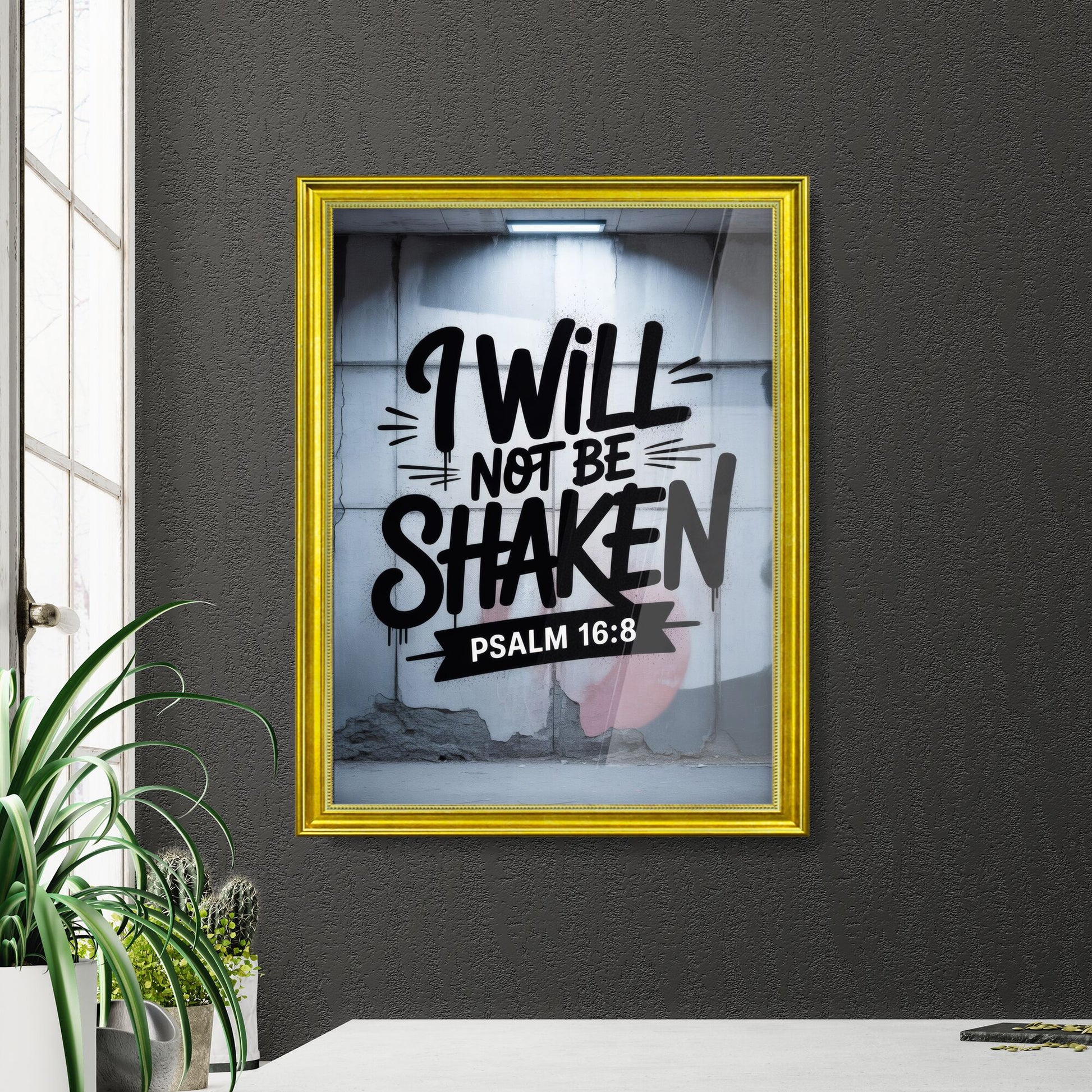 Inspirational Wall Art Featuring 'I Will Not Be Shaken' with Psalm 16:8 in Urban Setting.