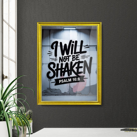 Inspirational Wall Art Featuring 'I Will Not Be Shaken' with Psalm 16:8 in Urban Setting.
