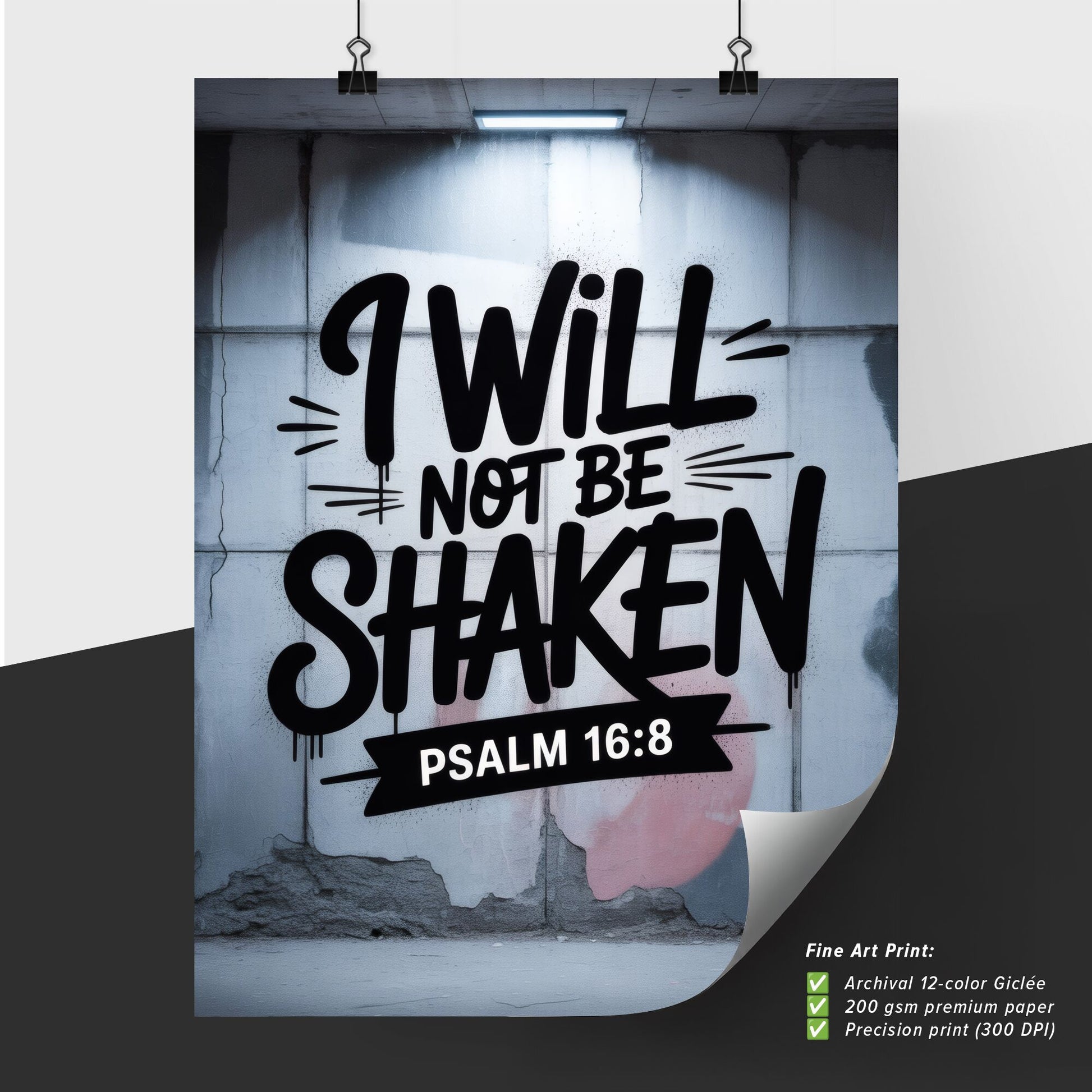 Inspirational Wall Art Featuring 'I Will Not Be Shaken' with Psalm 16:8 in Urban Setting.