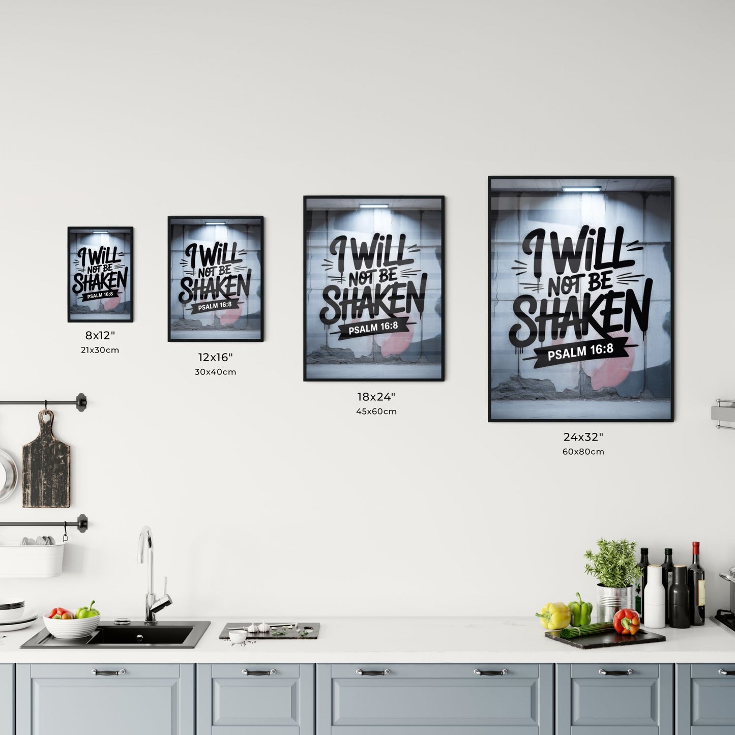 Inspirational Wall Art Featuring 'I Will Not Be Shaken' with Psalm 16:8 in Urban Setting. Chart