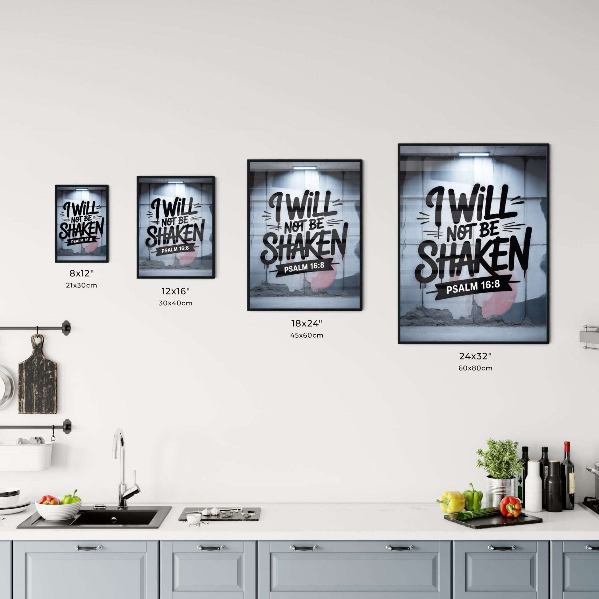 Inspirational Wall Art Featuring 'I Will Not Be Shaken' with Psalm 16:8 in Urban Setting. Chart