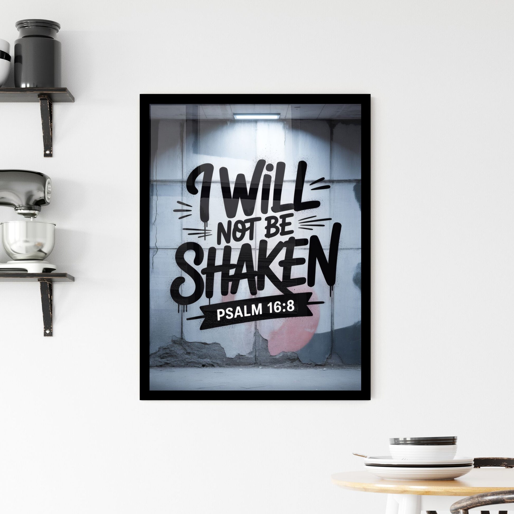 Inspirational Wall Art Featuring 'I Will Not Be Shaken' with Psalm 16:8 in Urban Setting. Framed Print