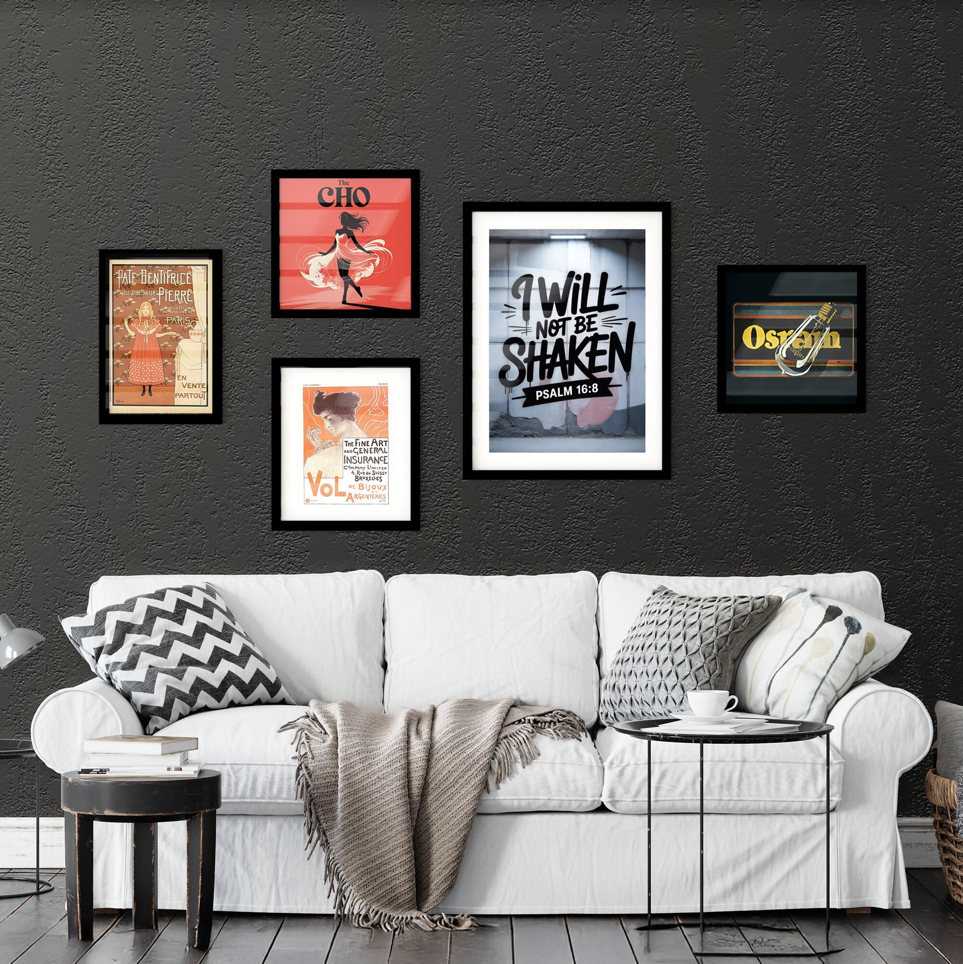 Inspirational Wall Art Featuring 'I Will Not Be Shaken' with Psalm 16:8 in Urban Setting. Collection