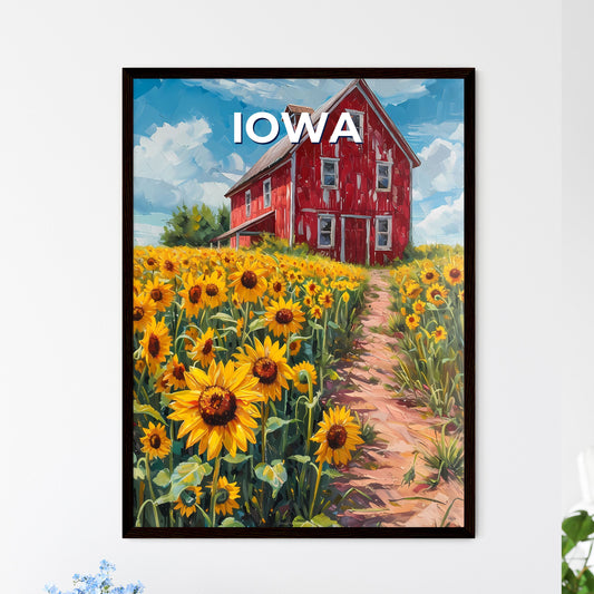 Vibrant Sunflower Field and Red Barn Art Painting, Iowa, United States