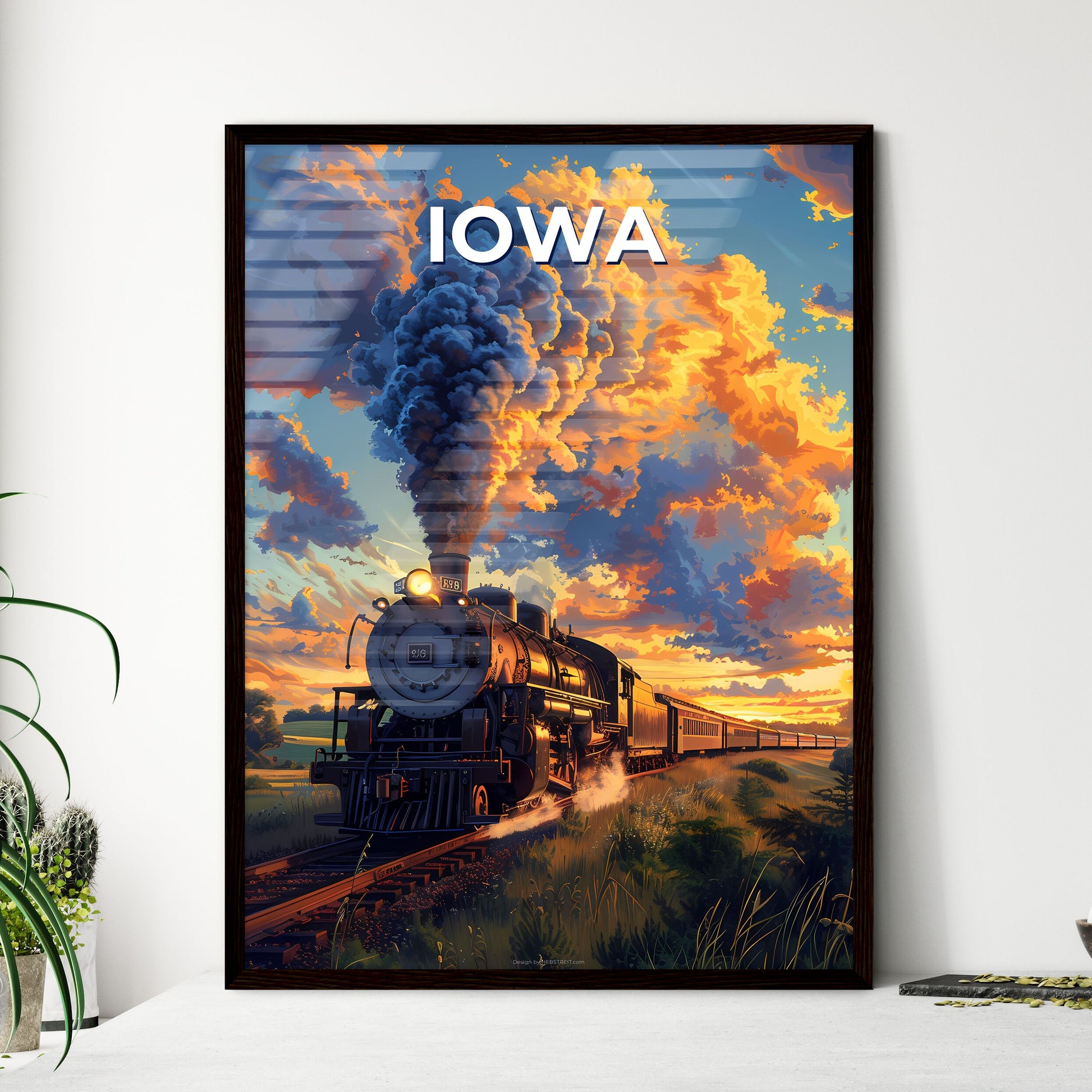 Vibrant Railroad Painting: Artful Depiction of Iowa's Train Tracks with Billowing Engine Smoke