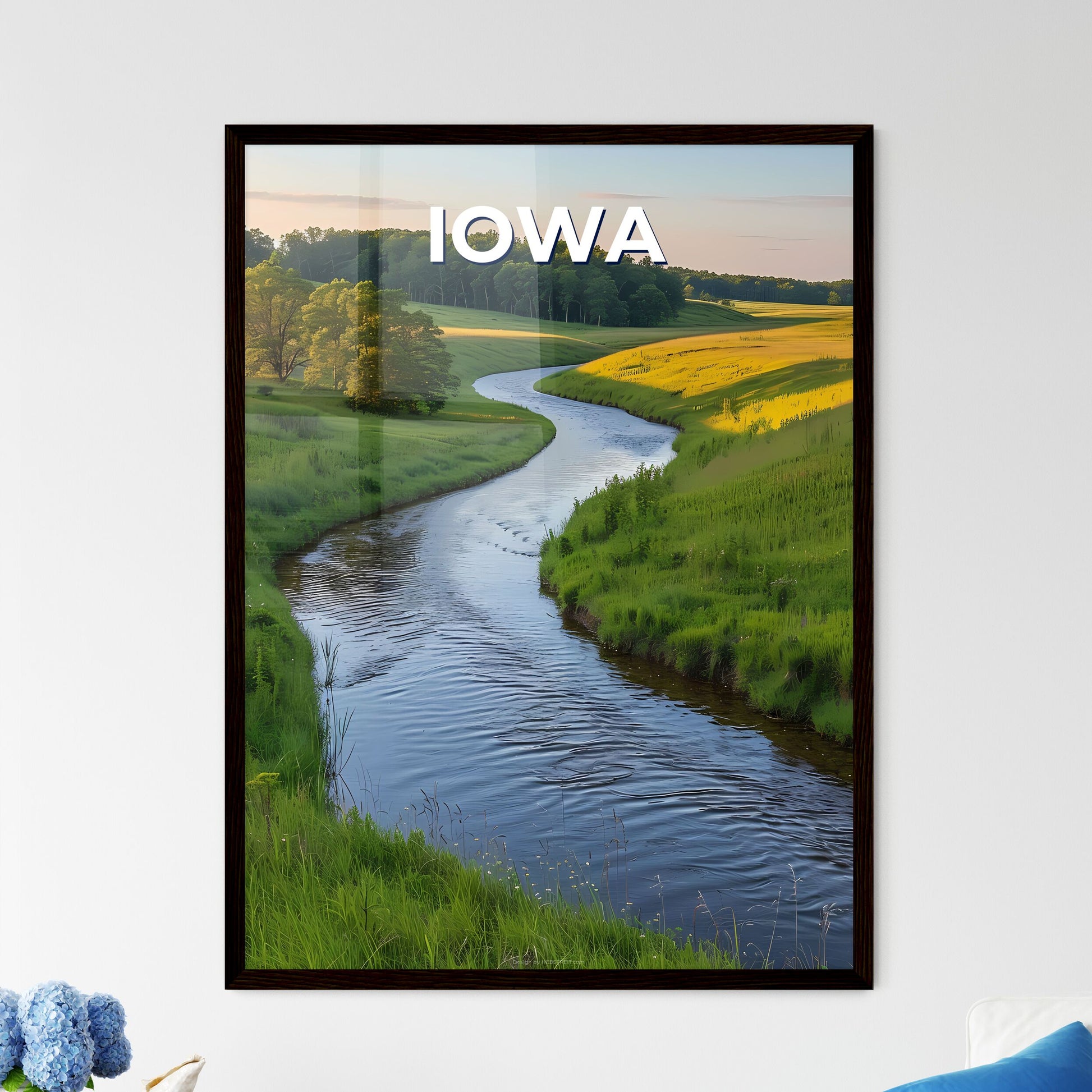 Green Field River Scene, Vibrant Art, Iowa, USA