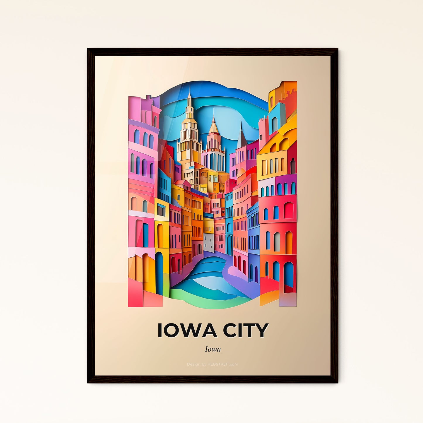 Vivid Iowa City, Iowa - a colorful city scene with a bridge and a clock tower