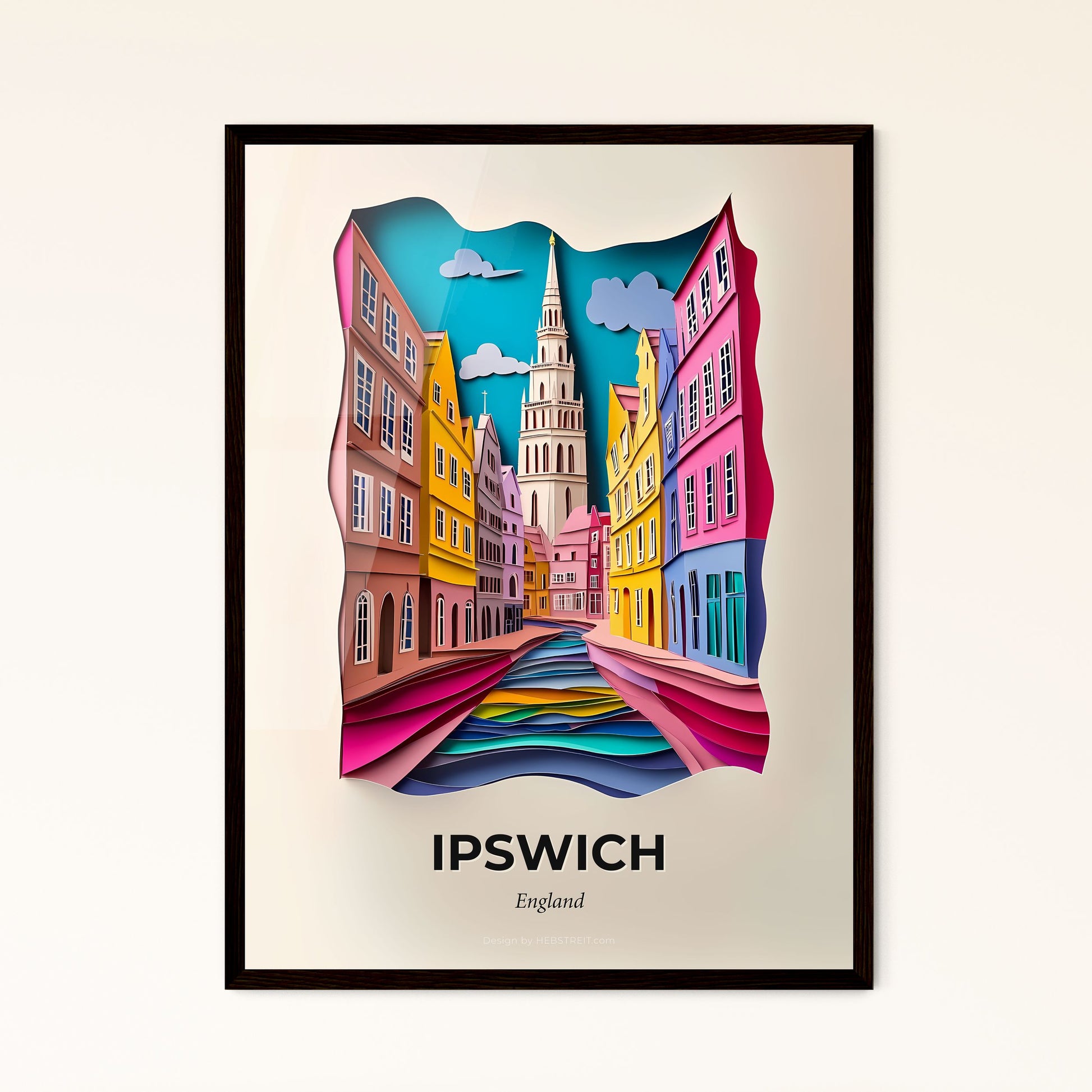 Vivid Ipswich, England - a paper cut of a city street with a church steeple